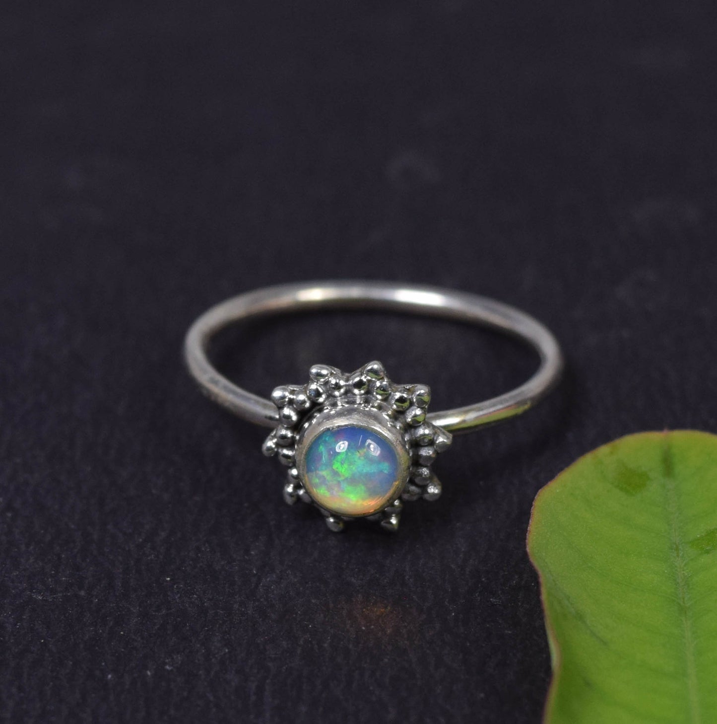 925 Solid Sterling Silver Natural Ethiopian Opal Flower Style Ring - 1.4 Grams