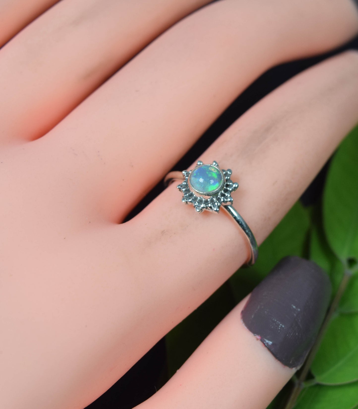 925 Solid Sterling Silver Natural Ethiopian Opal Flower Style Ring - 1.4 Grams