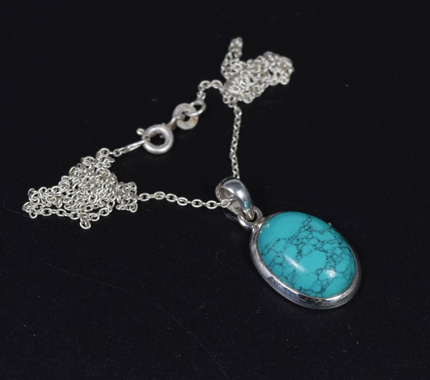 925 Solid Sterling Silver Blue Turquoise Chain Pendant -17 INCH