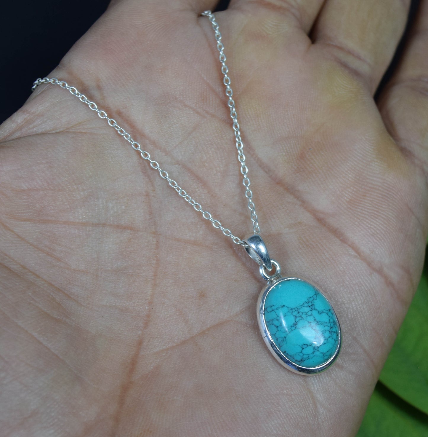925 Solid Sterling Silver Blue Turquoise Chain Pendant -17 INCH