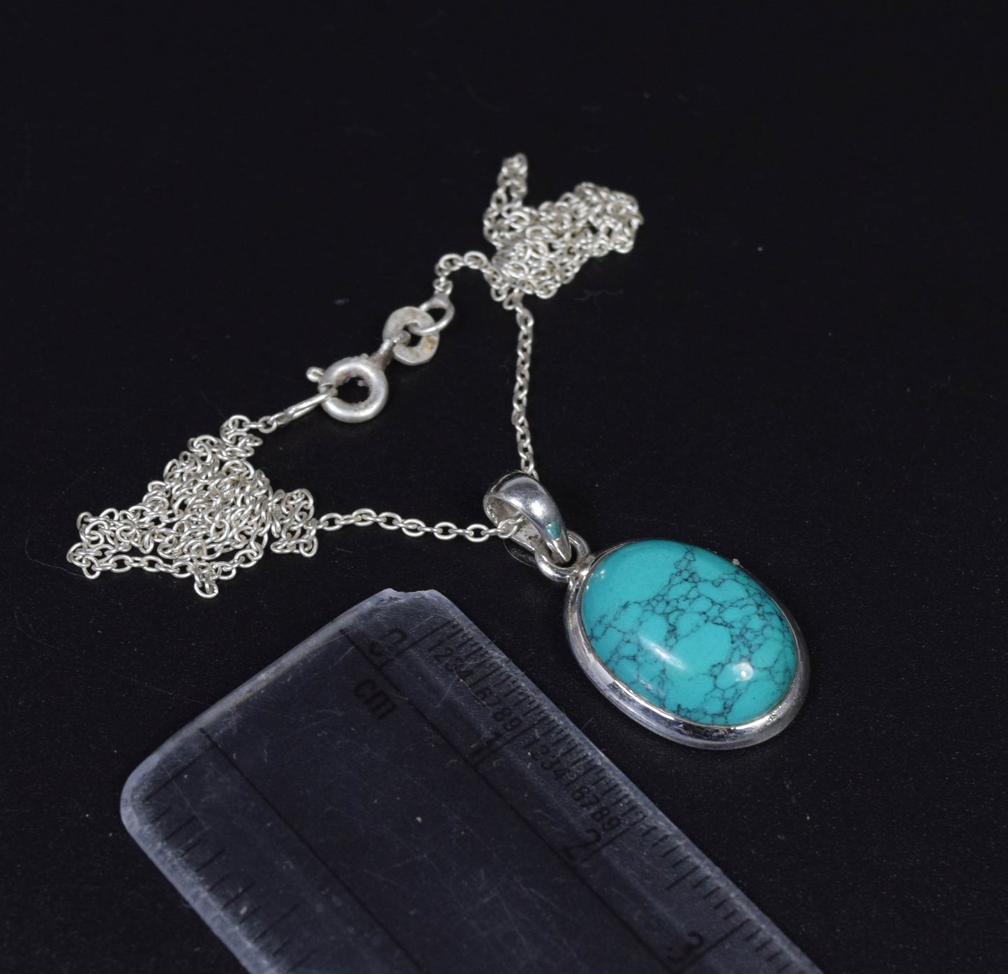 925 Solid Sterling Silver Blue Turquoise Chain Pendant -17 INCH