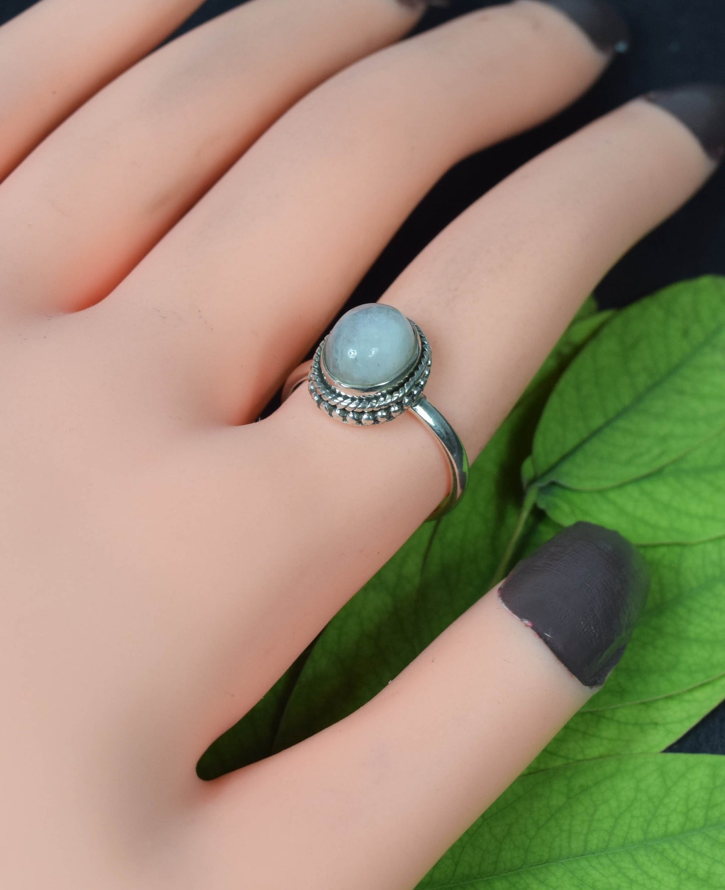 925 Solid Sterling Silver White Rainbow Moonstone Ring -5 US