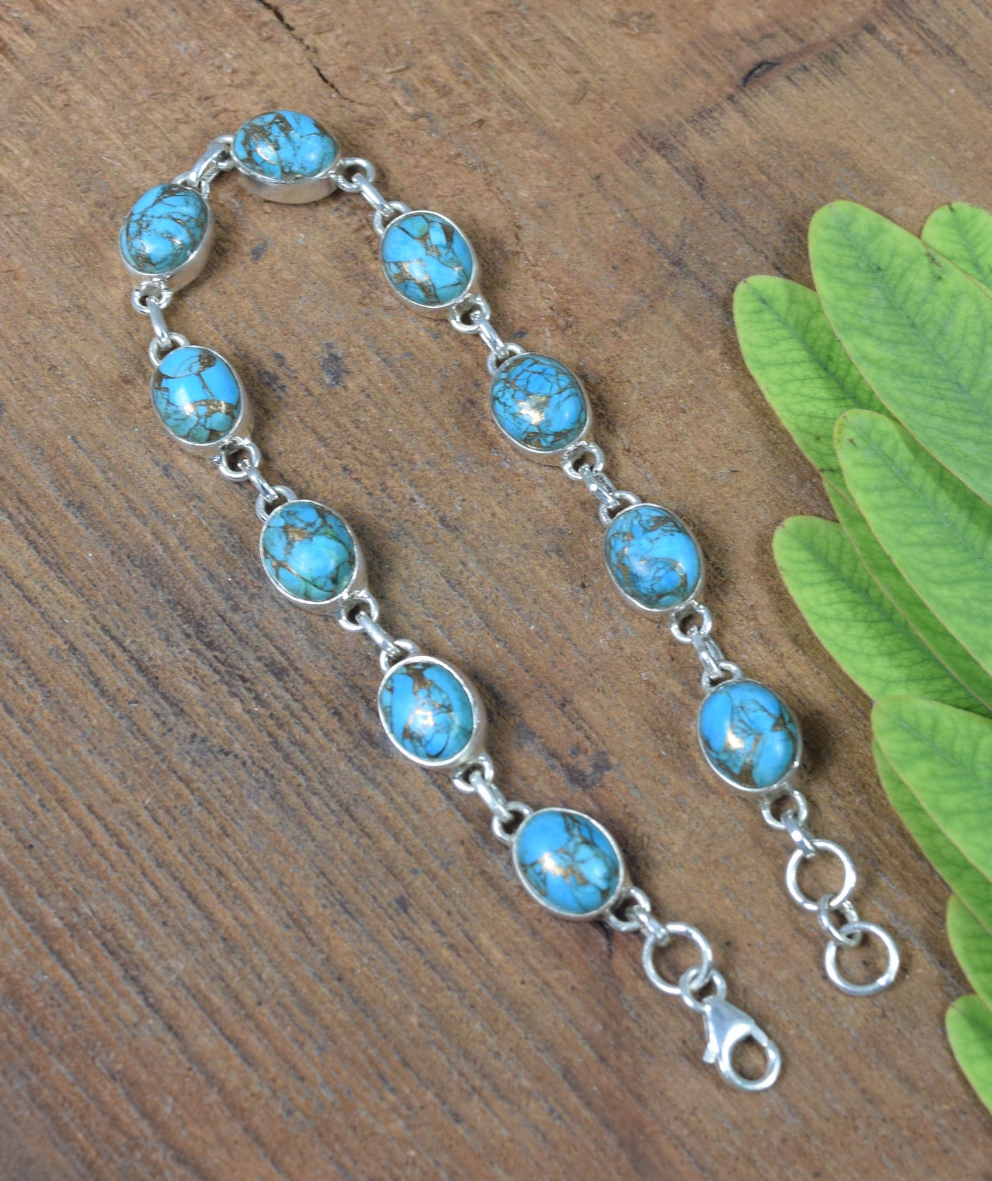 925 Solid Sterling Silver Blue Copper Turquoise HANDMADE BRACELET -7.7 INCH