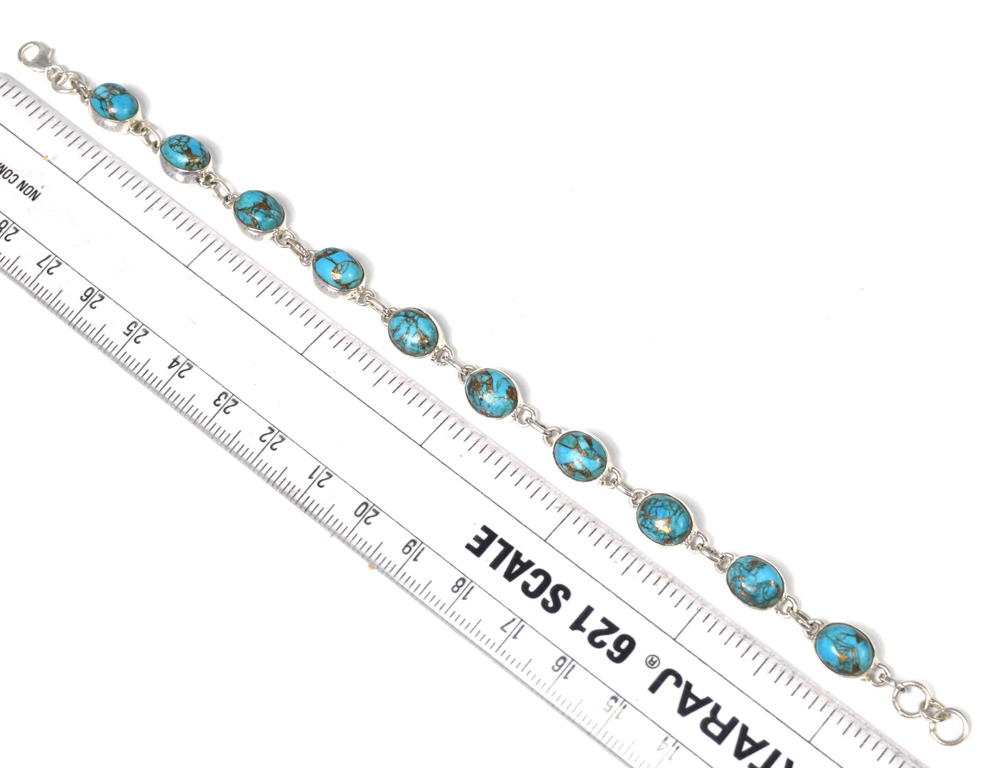 925 Solid Sterling Silver Blue Copper Turquoise HANDMADE BRACELET -7.7 INCH