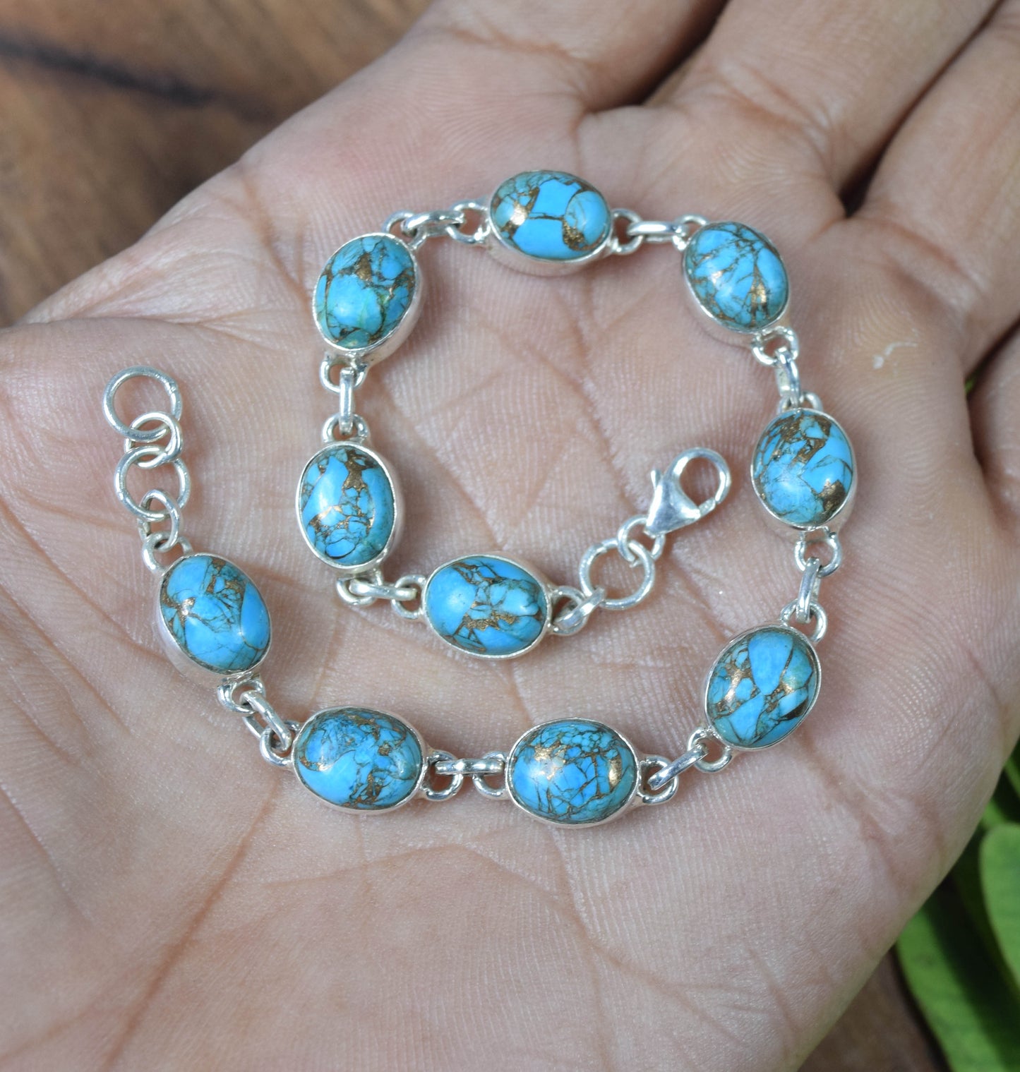925 Solid Sterling Silver Blue Copper Turquoise HANDMADE BRACELET -7.7 INCH