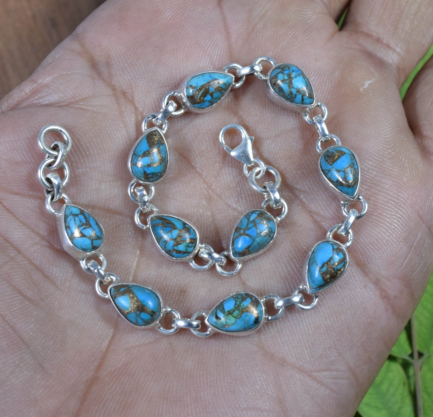 925 Solid Sterling Silver Blue Copper Turquoise HANDMADE BRACELET -8 INCH