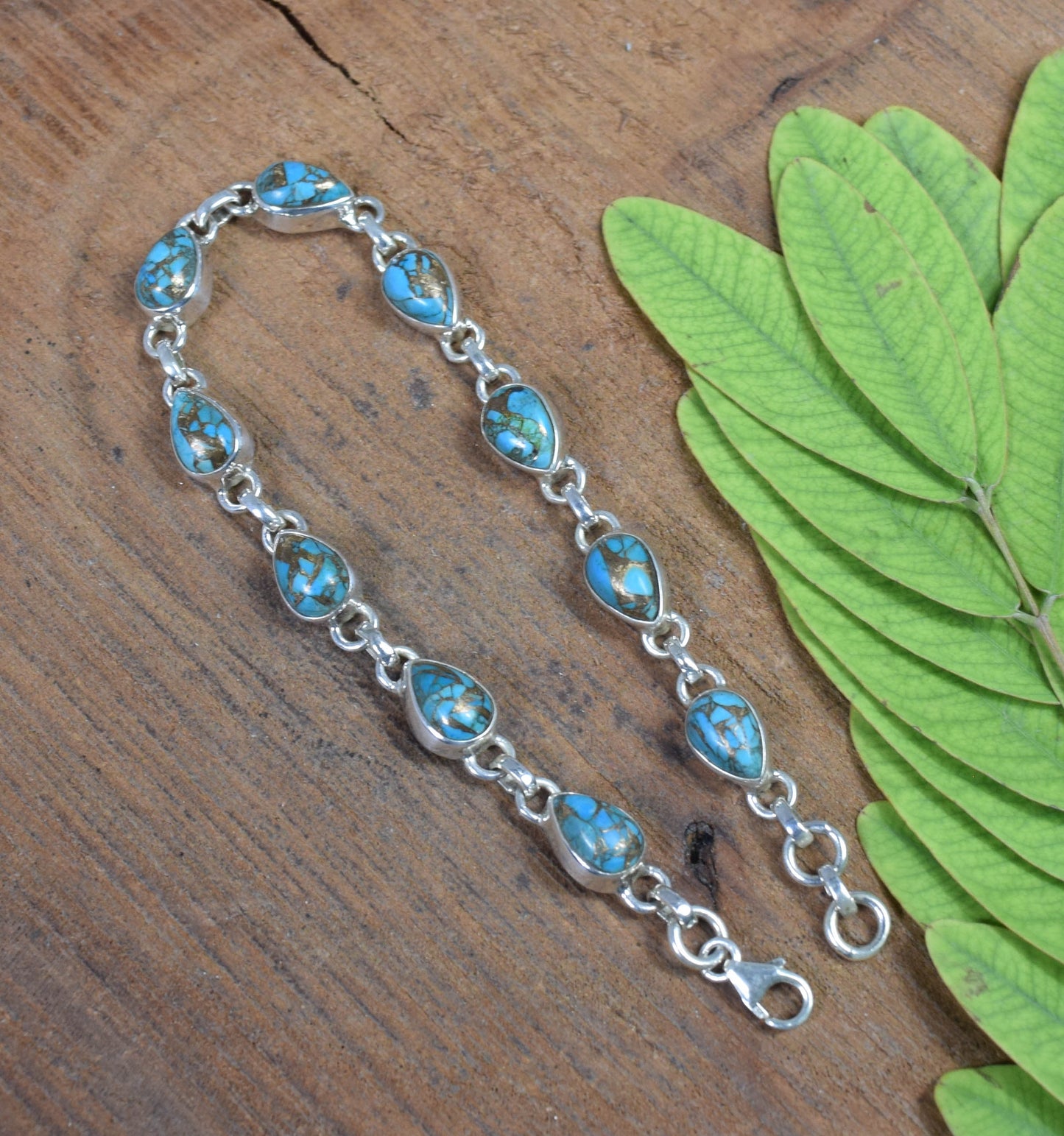 925 Solid Sterling Silver Blue Copper Turquoise HANDMADE BRACELET -8 INCH