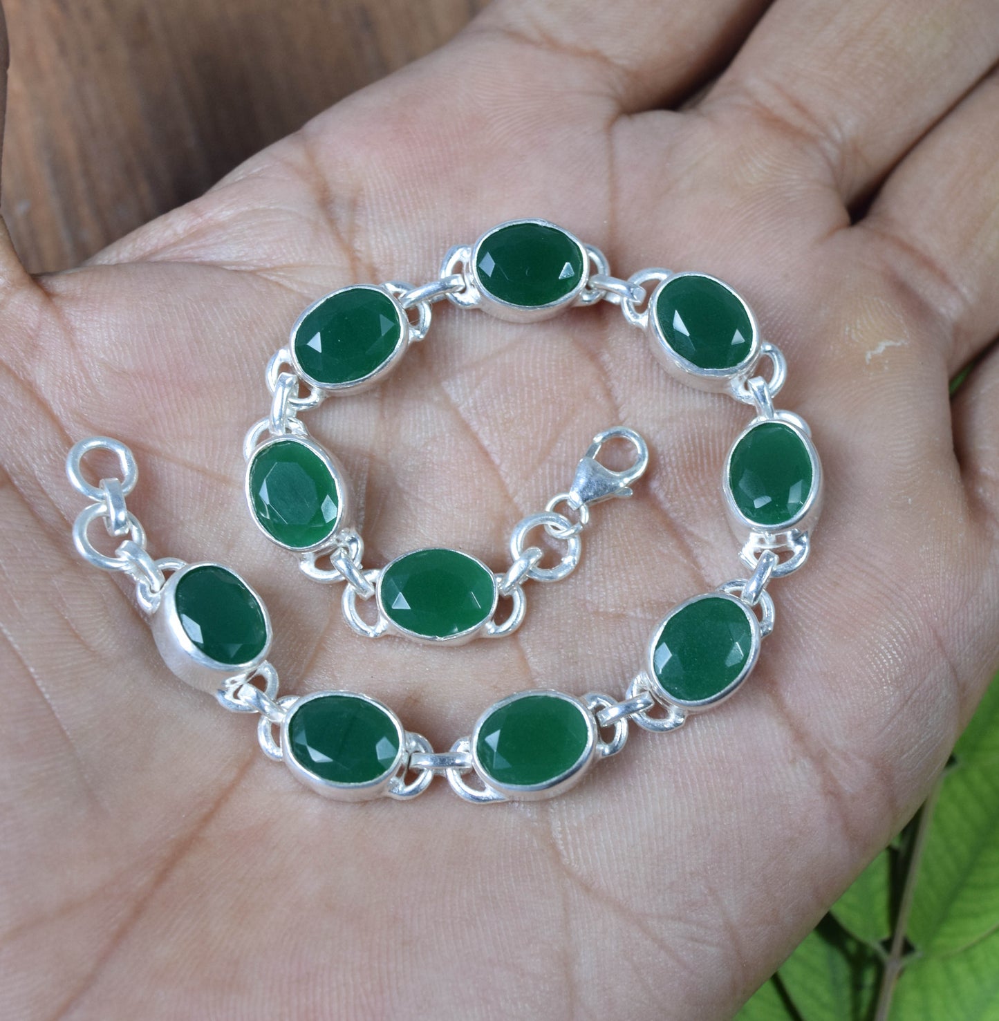 925 Solid Sterling Silver Cut Simulated Emerald Quartz HANDMADE BRACELET
