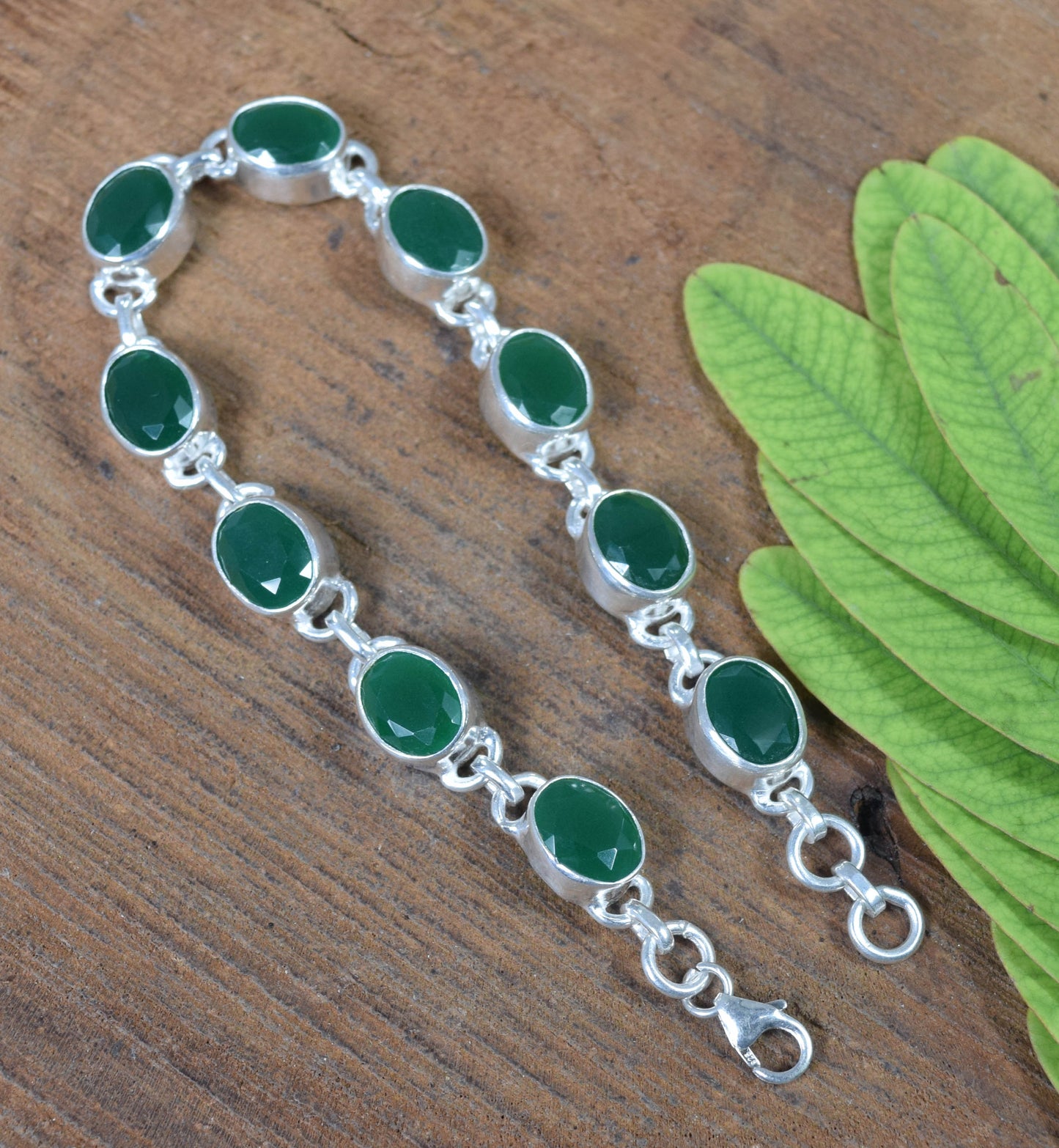 925 Solid Sterling Silver Cut Simulated Emerald Quartz HANDMADE BRACELET