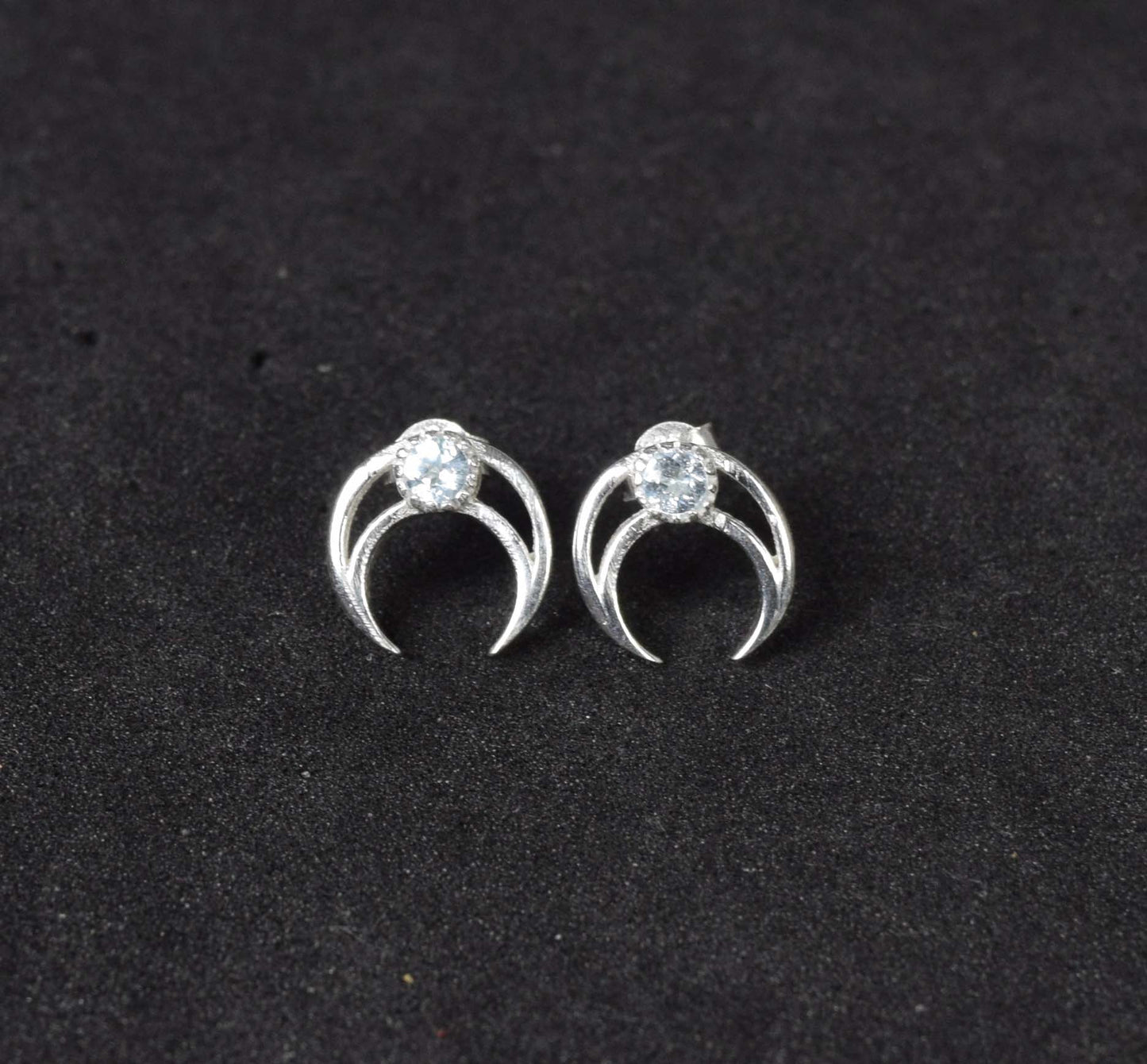 925 Solid Sterling Silver Faceted White Topaz  Half Moon Stud Earring