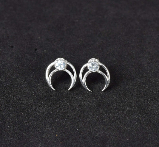 925 Solid Sterling Silver Faceted White Topaz  Half Moon Stud Earring