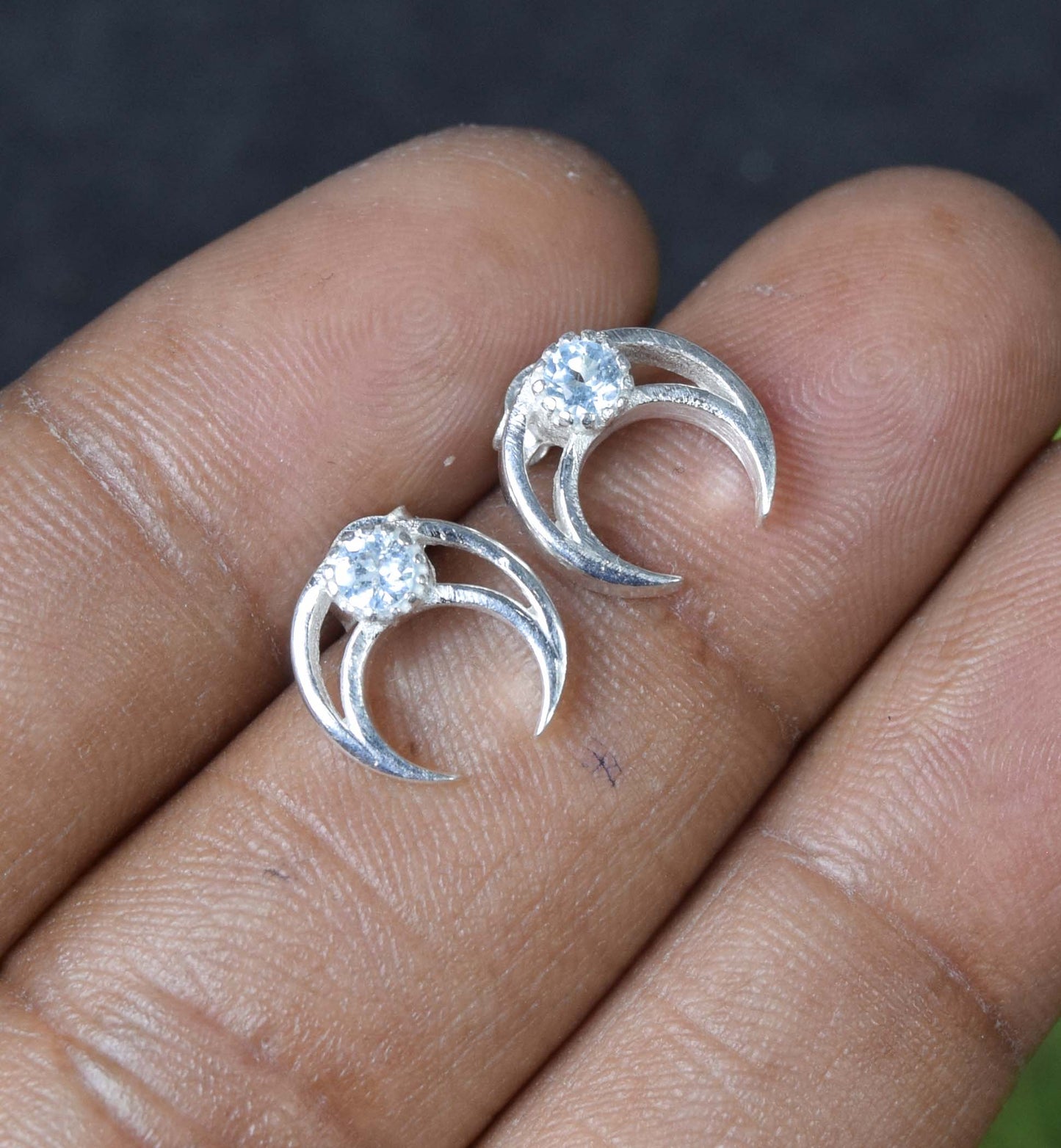 925 Solid Sterling Silver Faceted White Topaz  Half Moon Stud Earring