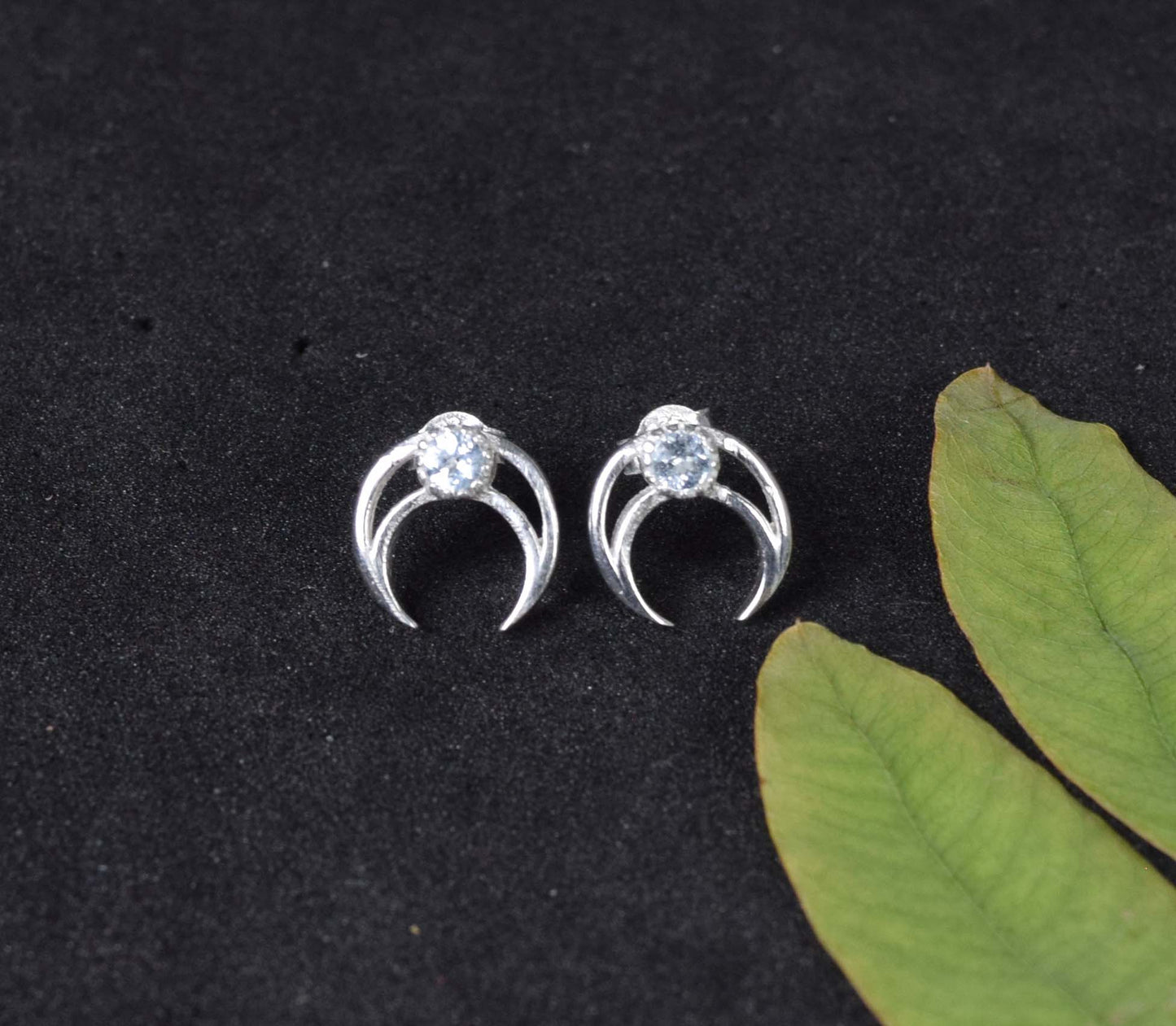 925 Solid Sterling Silver Faceted White Topaz  Half Moon Stud Earring