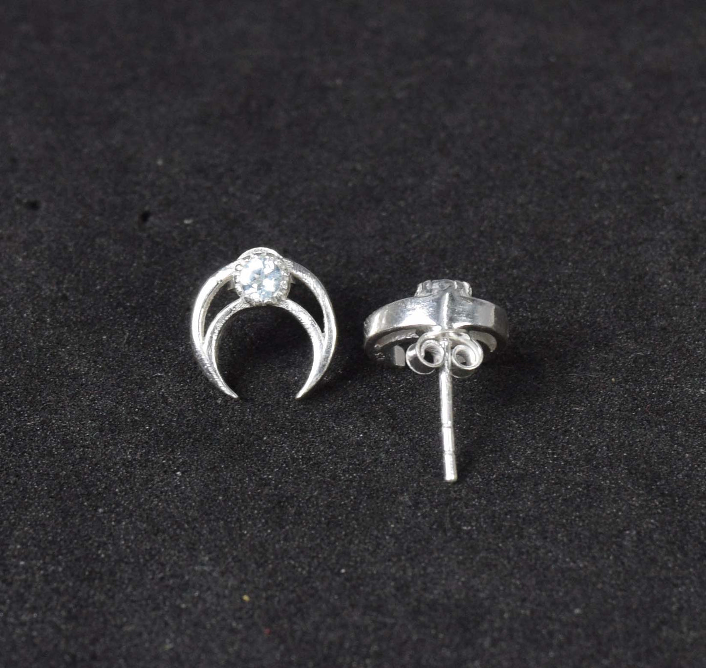 925 Solid Sterling Silver Faceted White Topaz  Half Moon Stud Earring