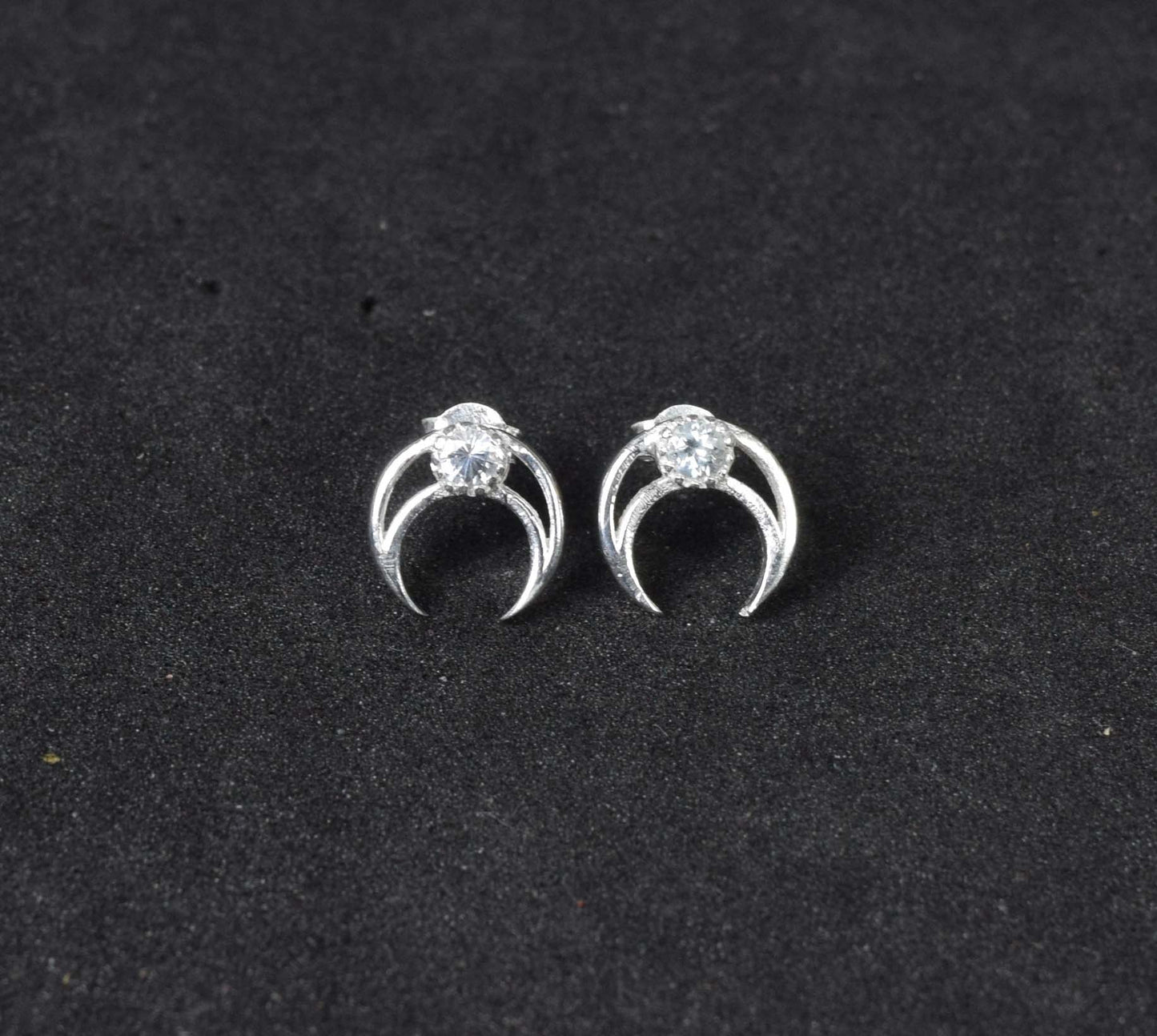 925 Solid Sterling Silver Faceted White Topaz Half Moon Stud Earring