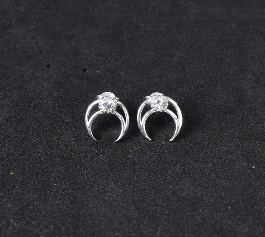925 Solid Sterling Silver Faceted White Topaz Half Moon Stud Earring