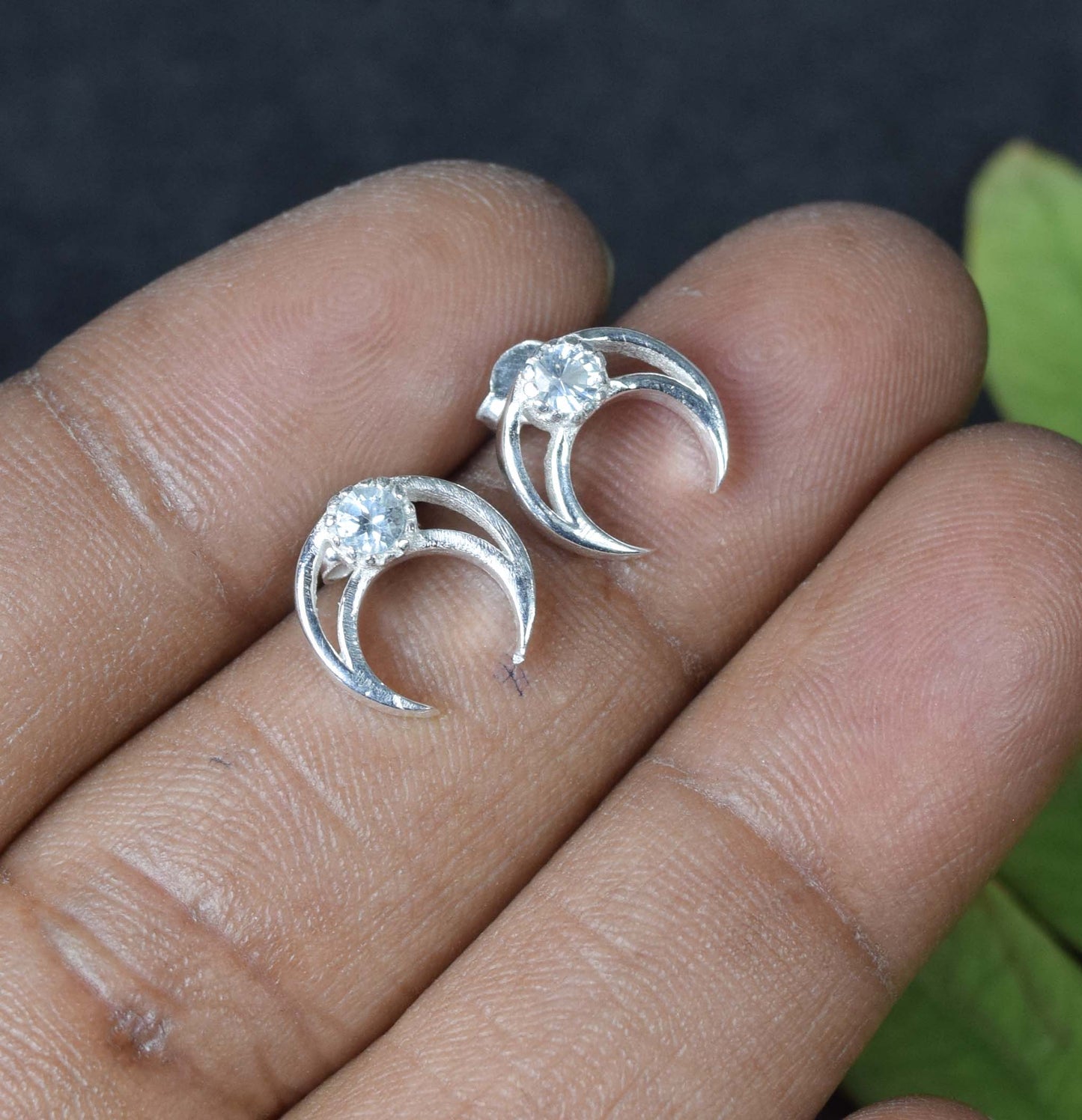 925 Solid Sterling Silver Faceted White Topaz Half Moon Stud Earring