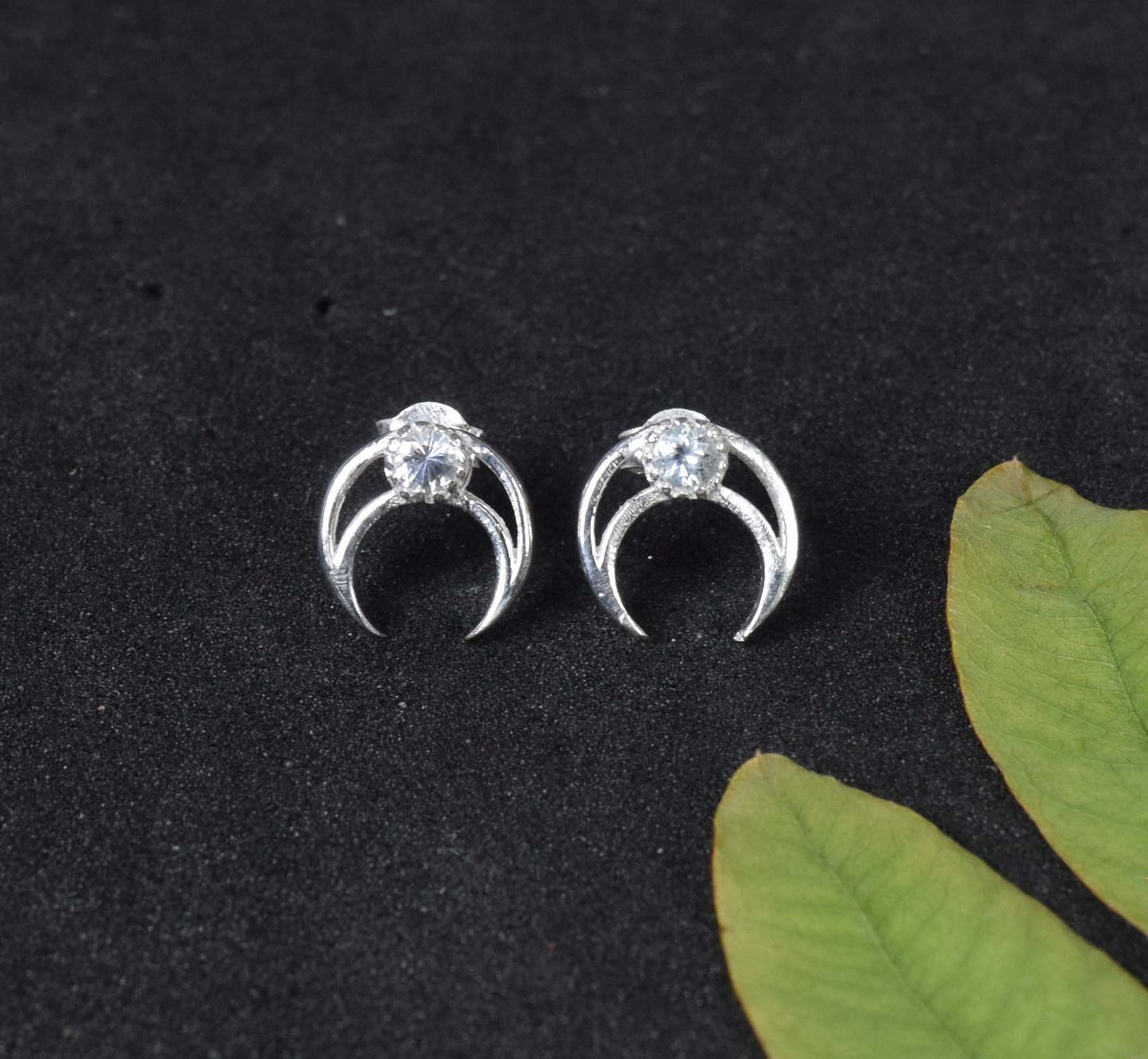925 Solid Sterling Silver Faceted White Topaz Half Moon Stud Earring