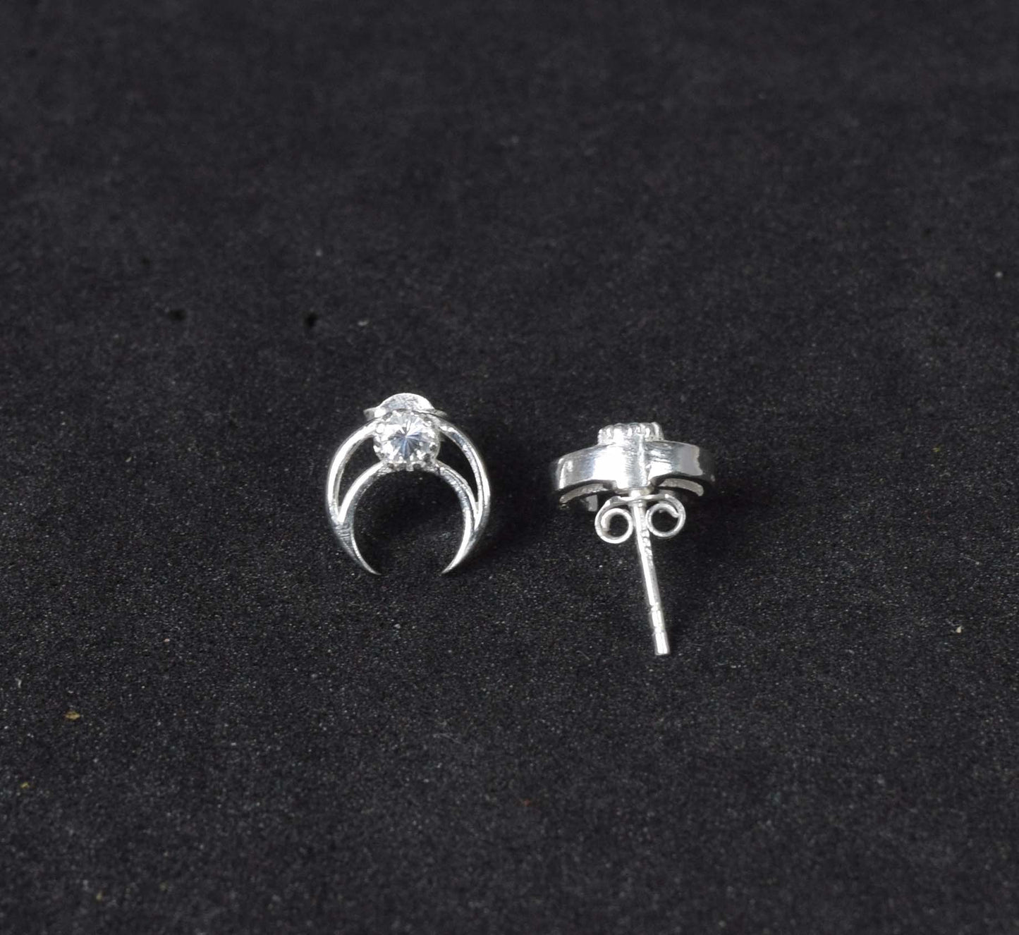 925 Solid Sterling Silver Faceted White Topaz Half Moon Stud Earring