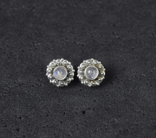 925 Solid Sterling Silver White Rainbow Moonstone Stud Earring