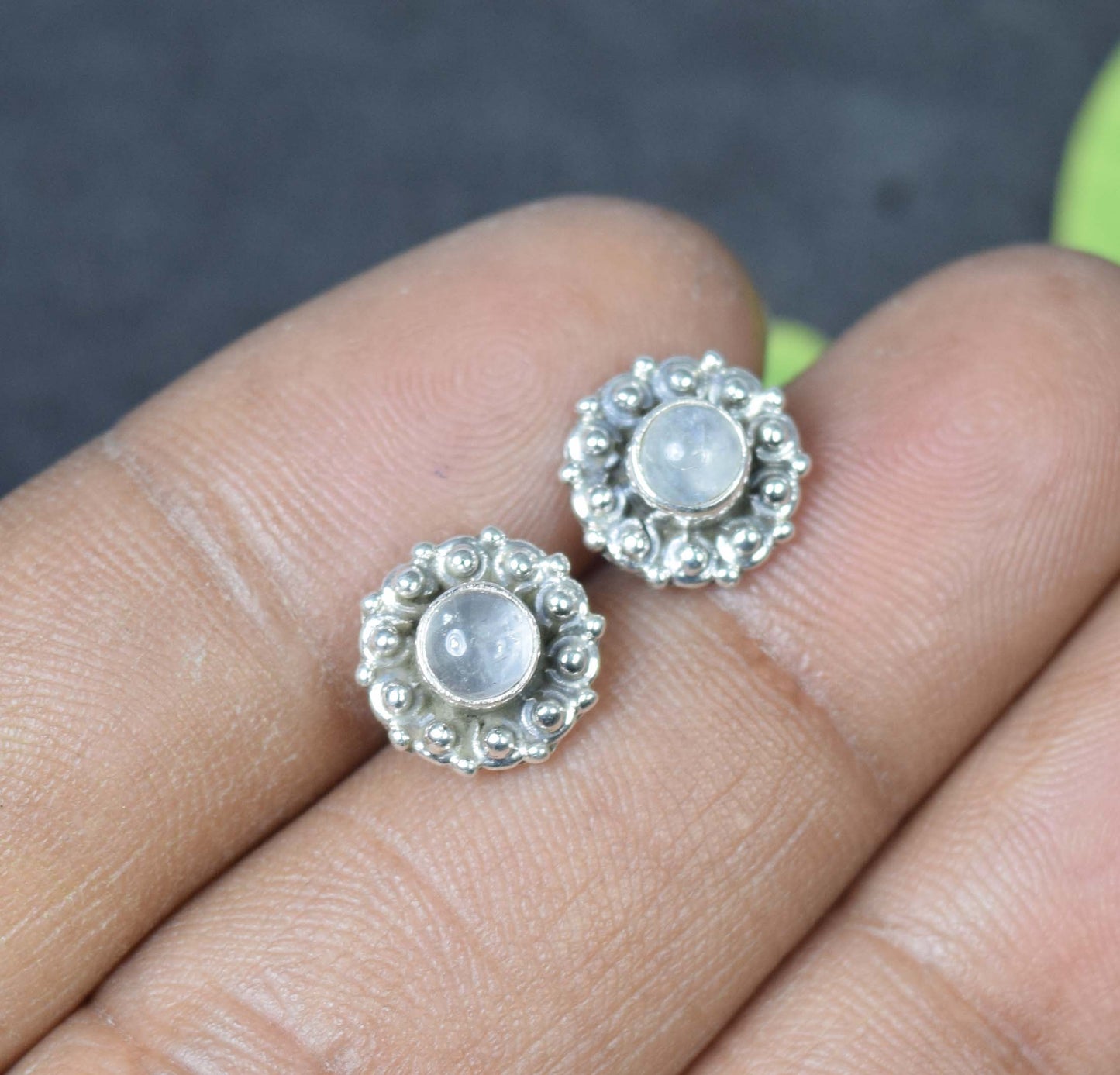 925 Solid Sterling Silver White Rainbow Moonstone Stud Earring