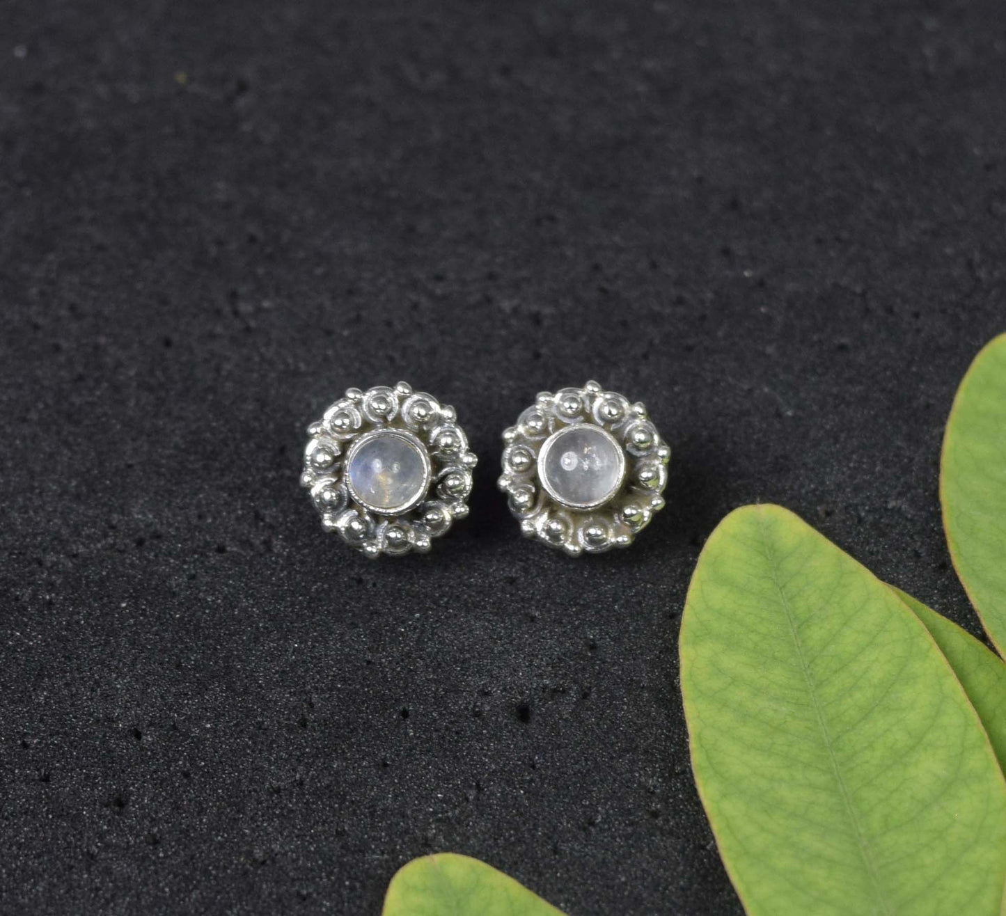 925 Solid Sterling Silver White Rainbow Moonstone Stud Earring