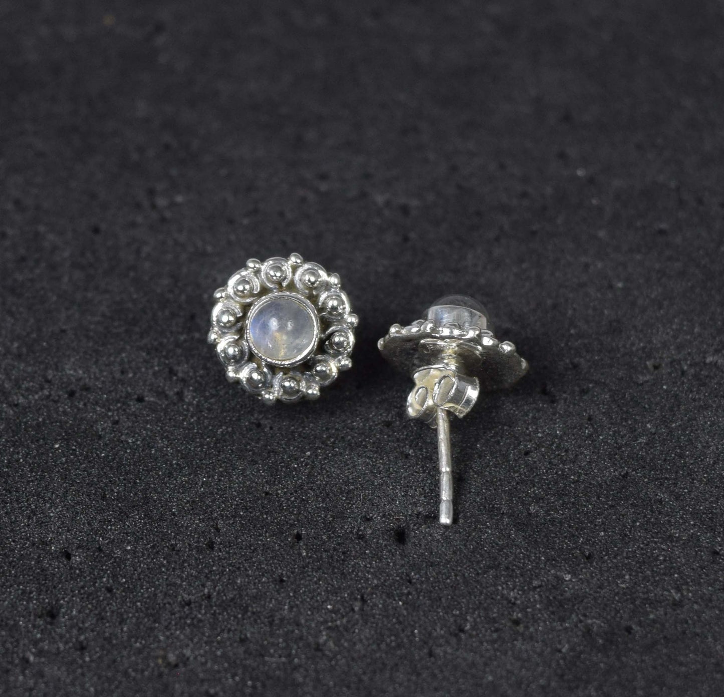 925 Solid Sterling Silver White Rainbow Moonstone Stud Earring