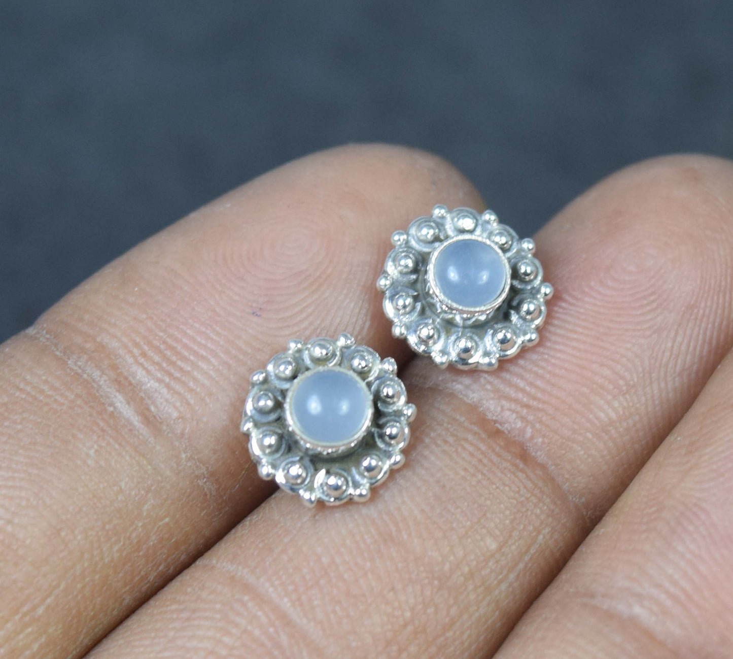 925 Solid Sterling Silver Blue Chalcedony Stud Earring