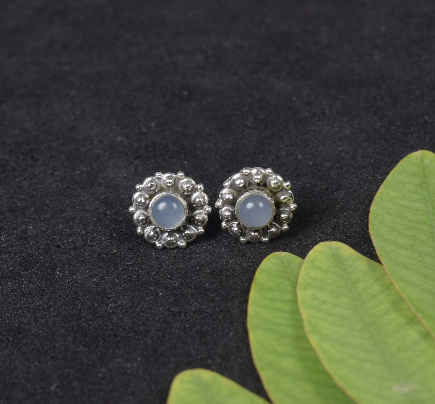 925 Solid Sterling Silver Blue Chalcedony Stud Earring