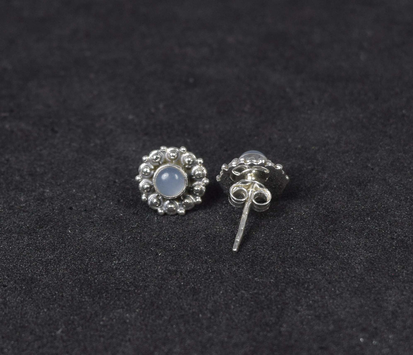 925 Solid Sterling Silver Blue Chalcedony Stud Earring