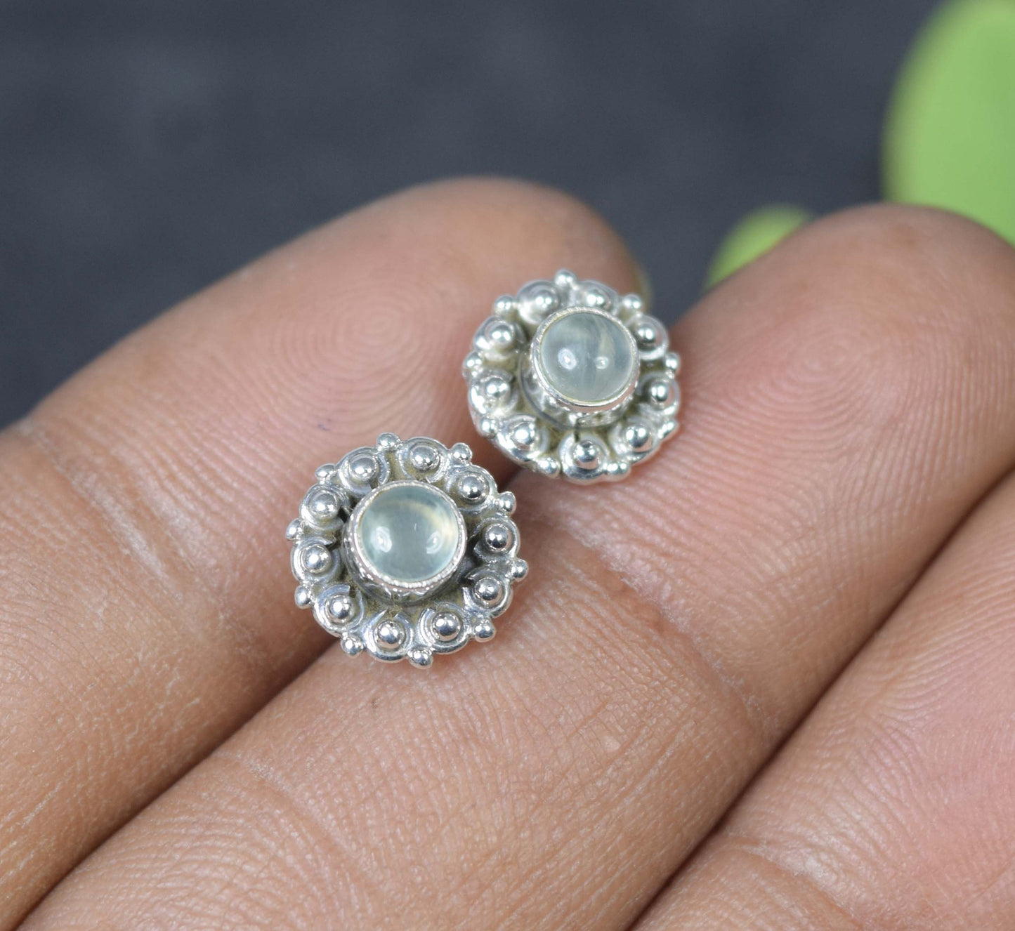 925 Solid Sterling Silver Green Prehnite Stud Earring