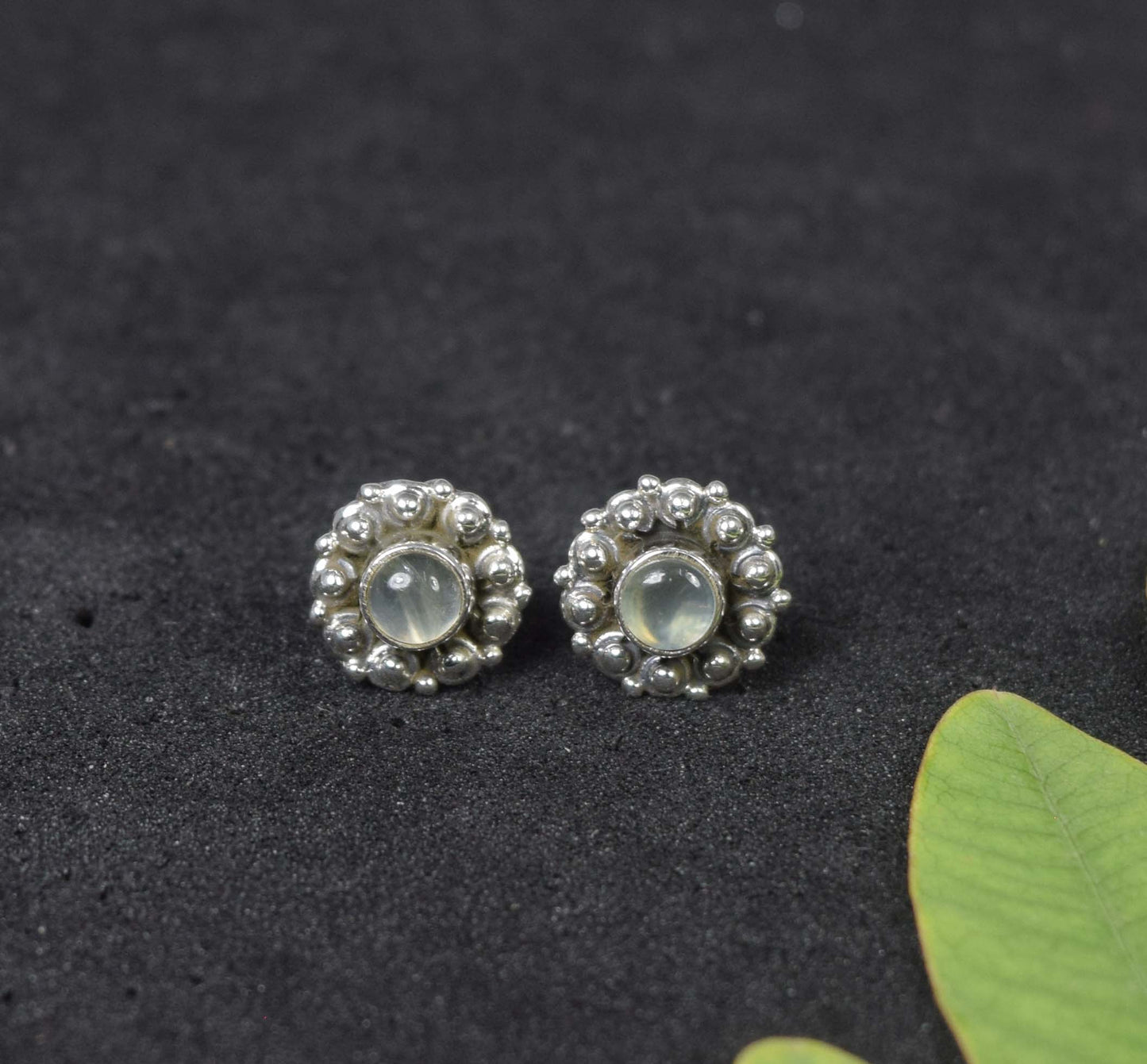 925 Solid Sterling Silver Green Prehnite Stud Earring