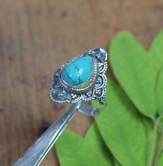 925 Solid Sterling Silver Blue Turquoise Ring-5 US