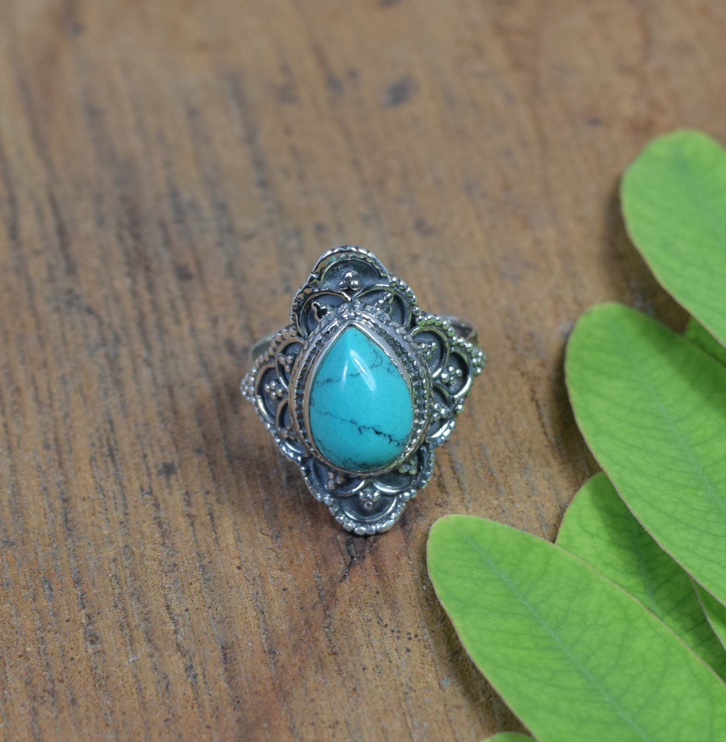 925 Solid Sterling Silver Blue Turquoise Ring-5 US