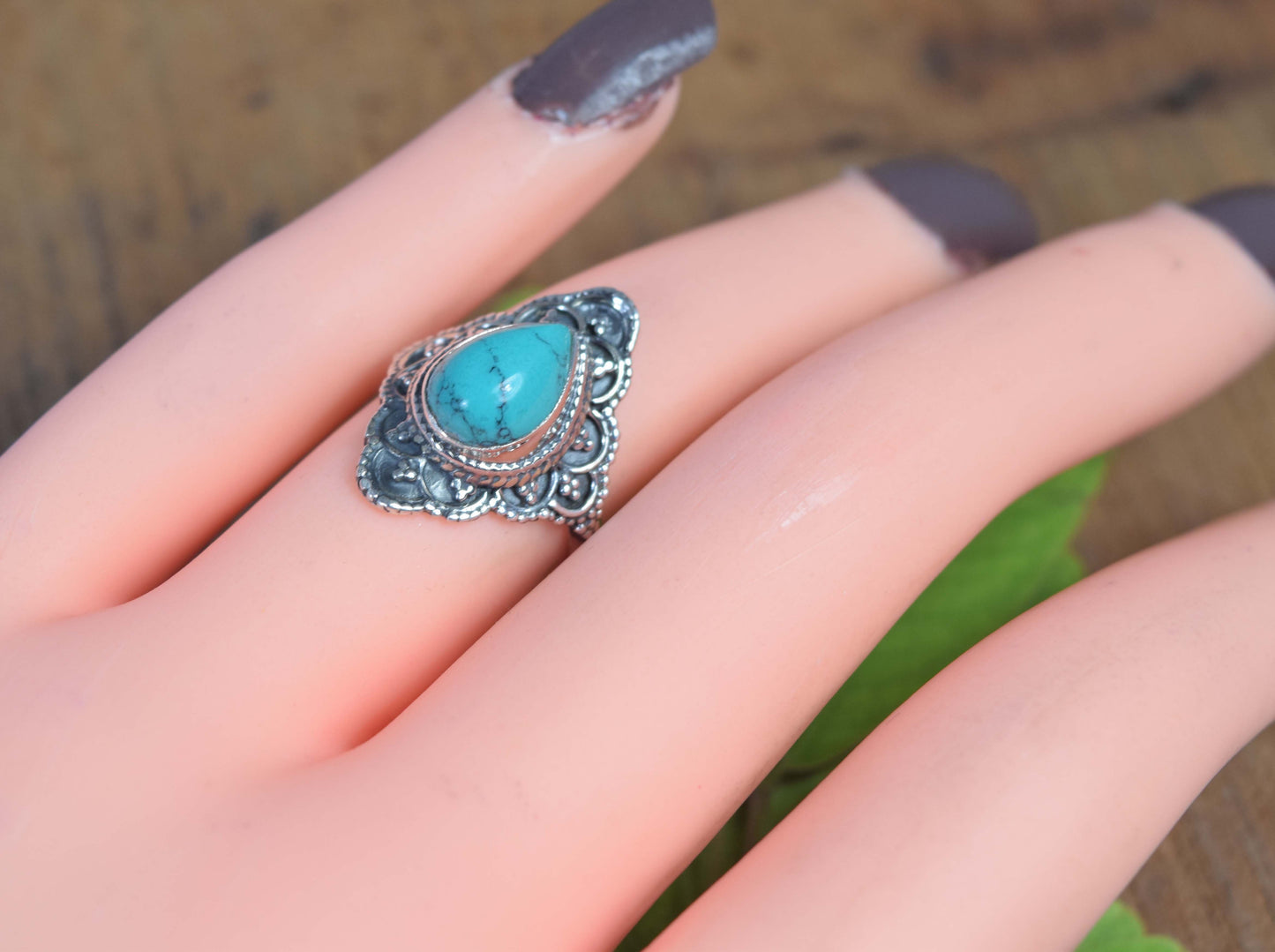 925 Solid Sterling Silver Blue Turquoise Ring-5 US
