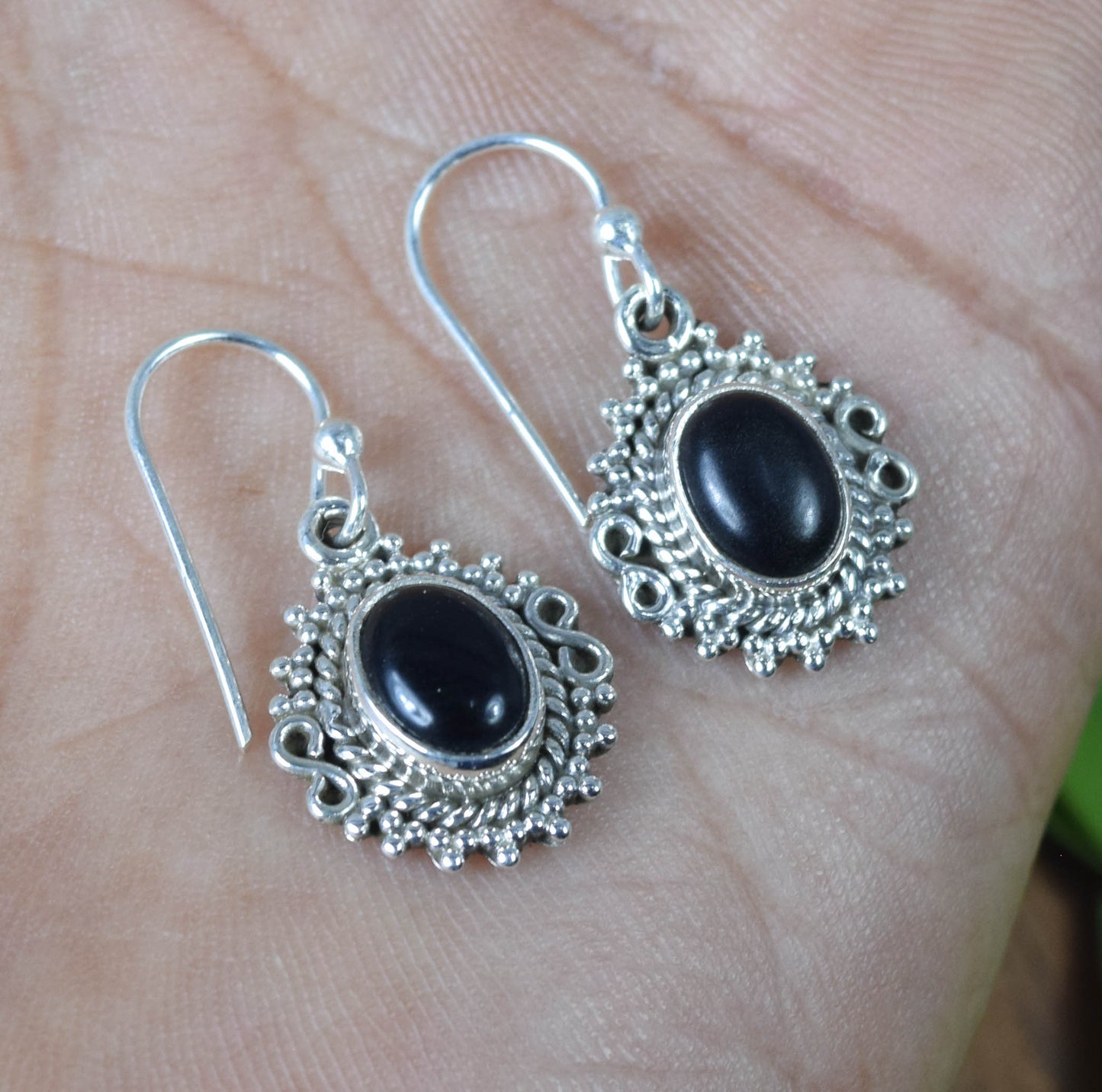 925 Solid Sterling Silver Black Onyx Hook Earring -1 INCH