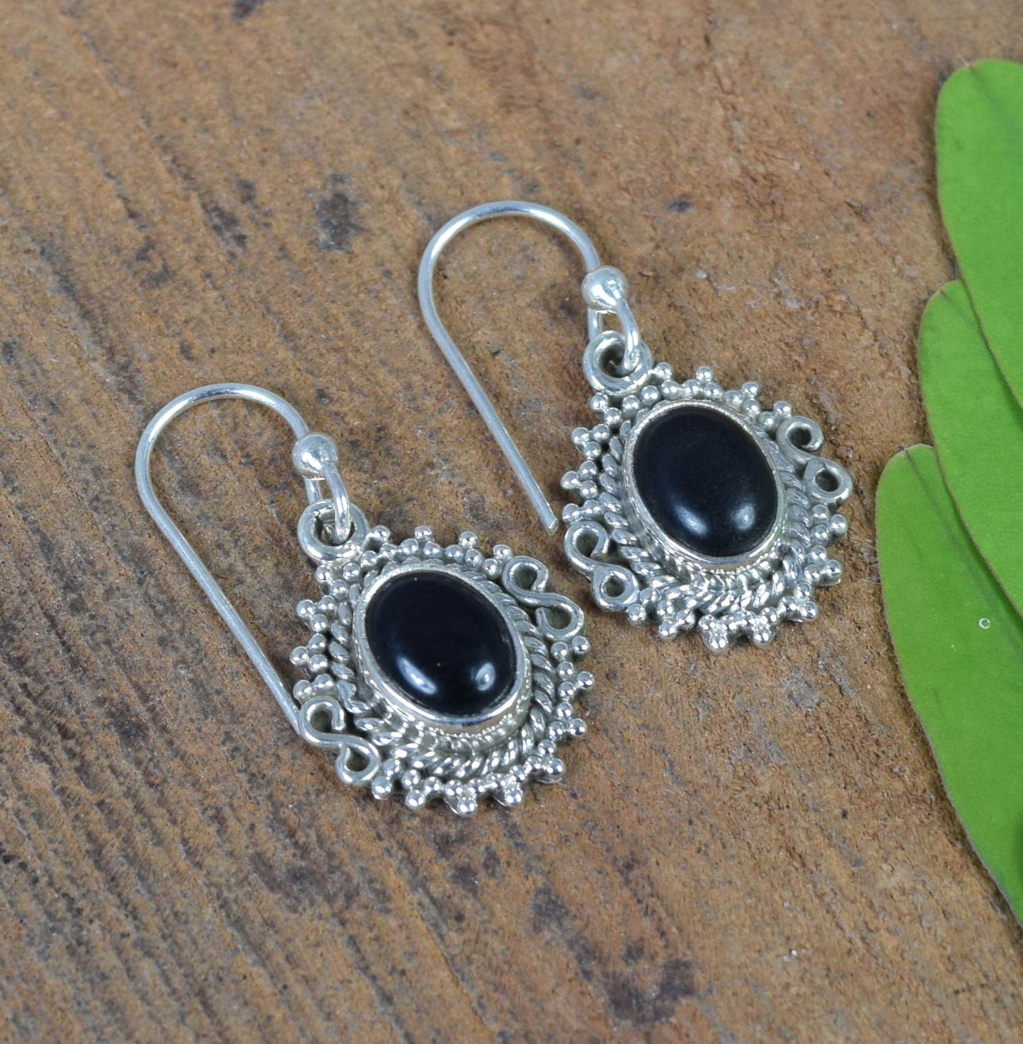 925 Solid Sterling Silver Black Onyx Hook Earring -1 INCH