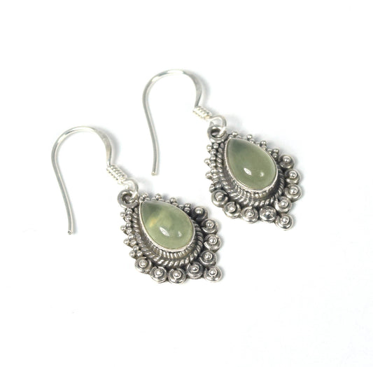 925 Solid Sterling Silver Green Prehnite Hook Earring -1.3 INCH