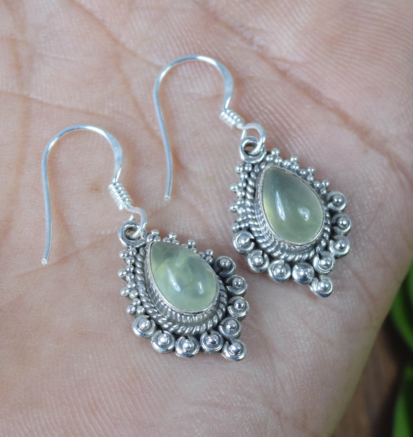 925 Solid Sterling Silver Green Prehnite Hook Earring -1.3 INCH