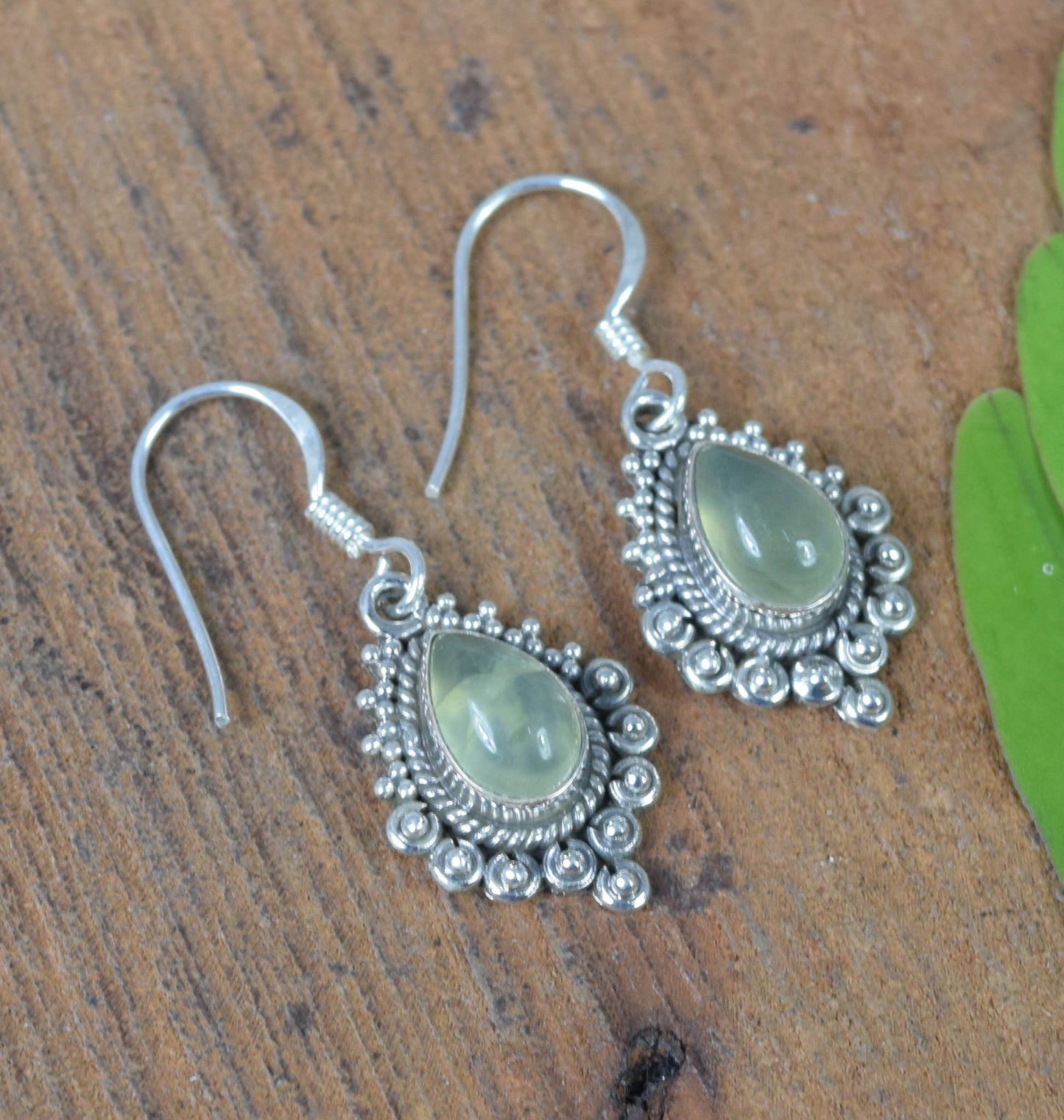 925 Solid Sterling Silver Green Prehnite Hook Earring -1.3 INCH