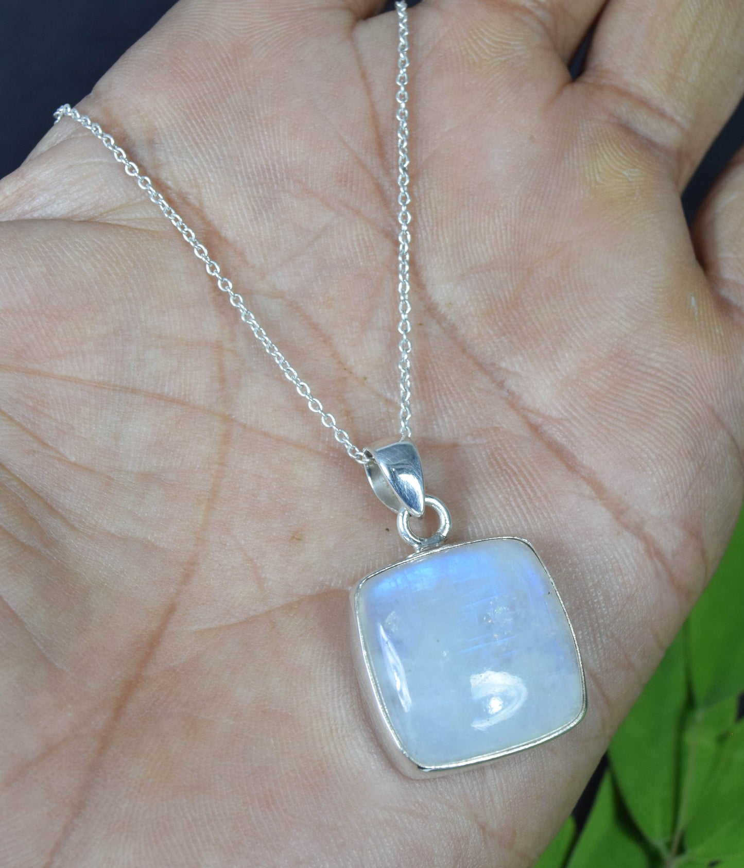 925 Solid Sterling Silver White Rainbow Moonstone Chain Pendant-19.6 INCH