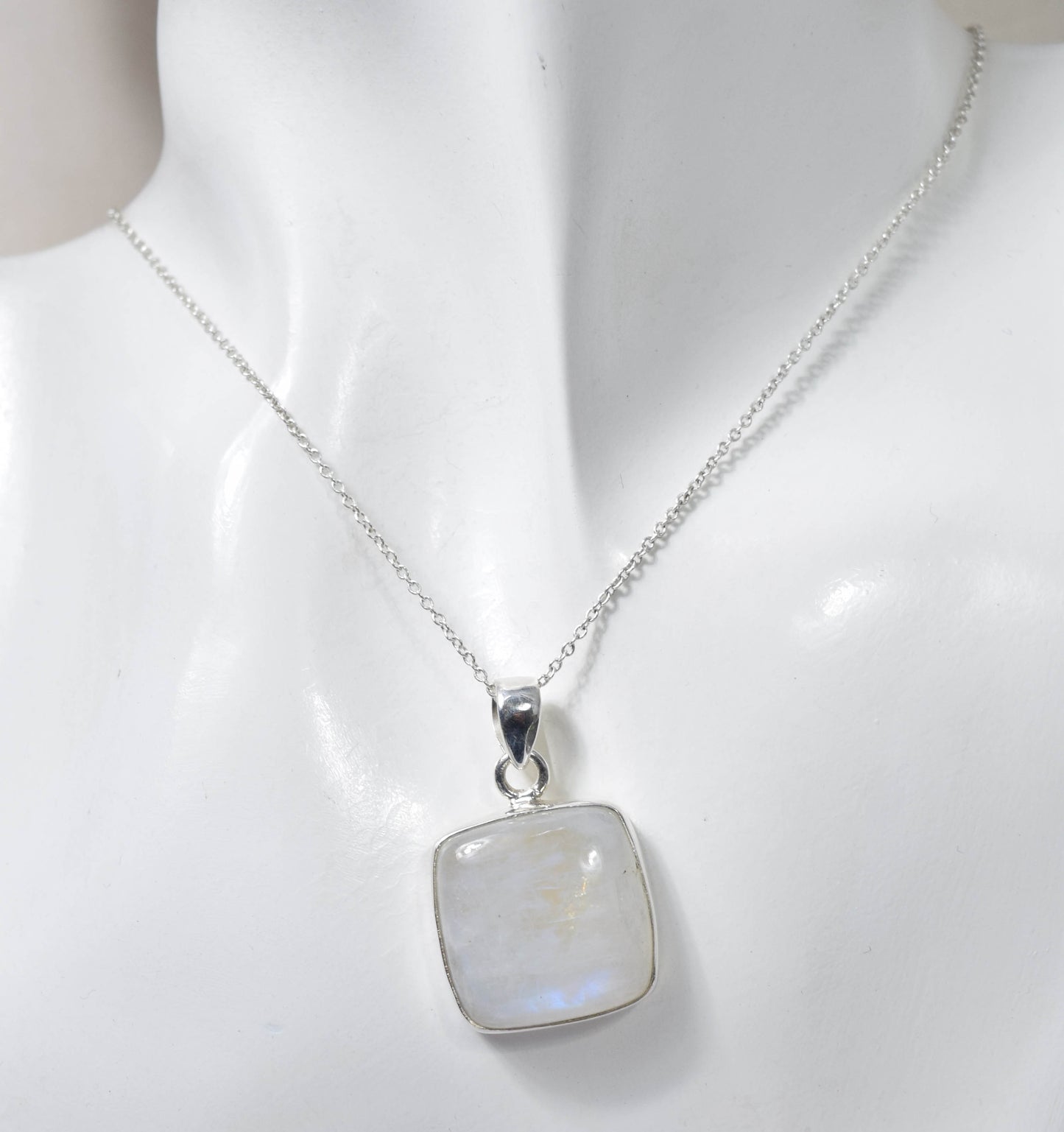925 Solid Sterling Silver White Rainbow Moonstone Chain Pendant-19.6 INCH