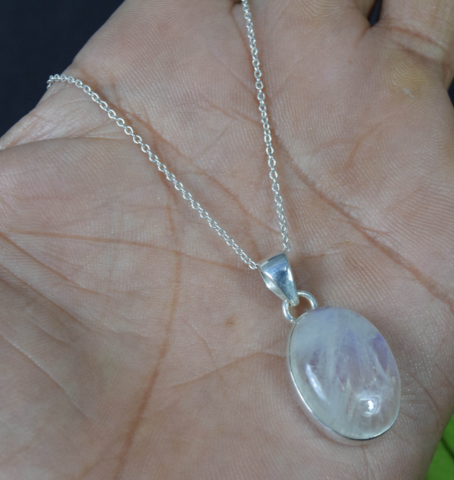 925 Solid Sterling Silver White Rainbow Moonstone Chain Pendant -19.4 INCH