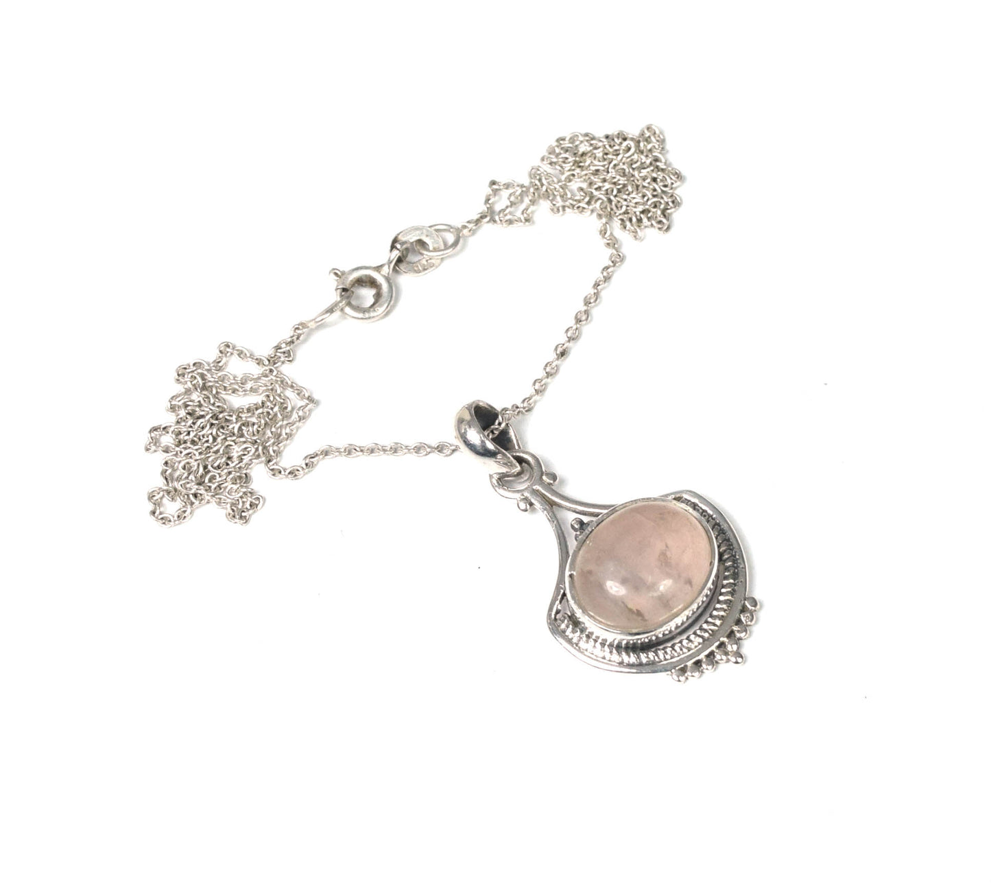 925 Solid Sterling Silver Pink Rose Quartz Chain Pendant -19.5 INCH