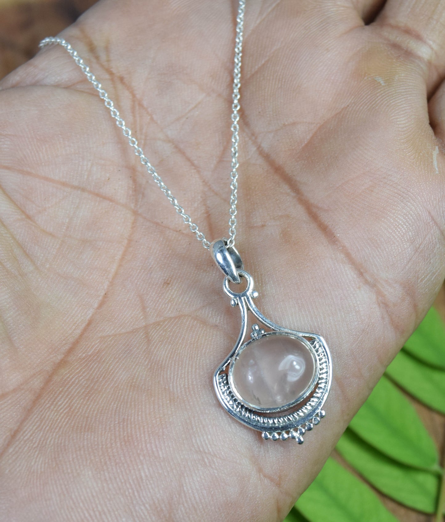 925 Solid Sterling Silver Pink Rose Quartz Chain Pendant -19.5 INCH