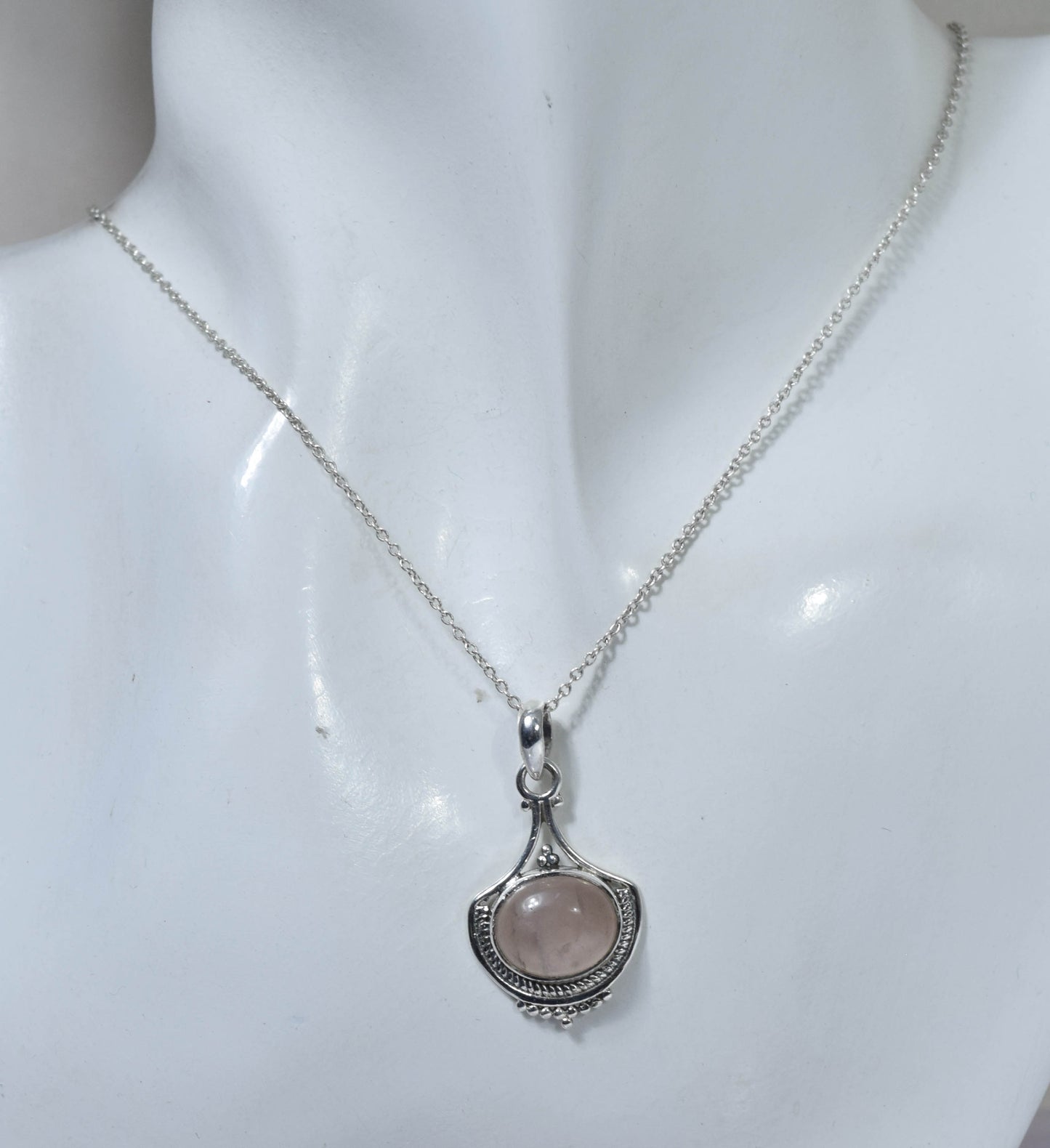 925 Solid Sterling Silver Pink Rose Quartz Chain Pendant -19.5 INCH