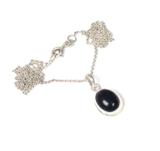 925 Solid Sterling Silver Black Onyx Chain Pendant -19 INCH