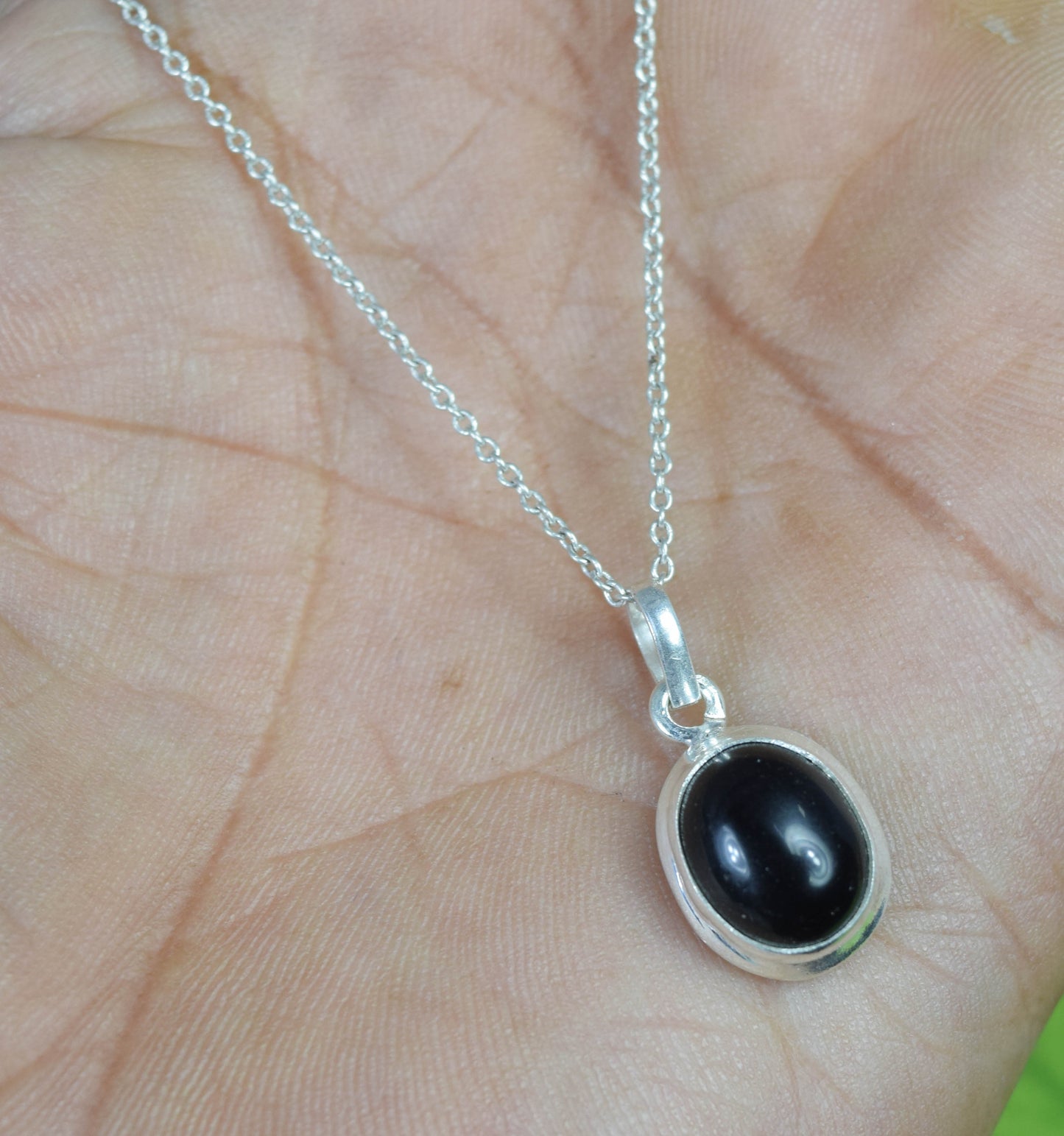 925 Solid Sterling Silver Black Onyx Chain Pendant -19 INCH