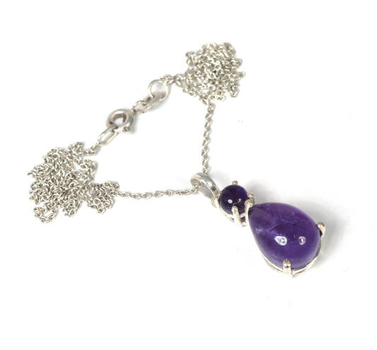 925 Solid Sterling Silver Purple Amethyst Chain Pendant -19 INCH