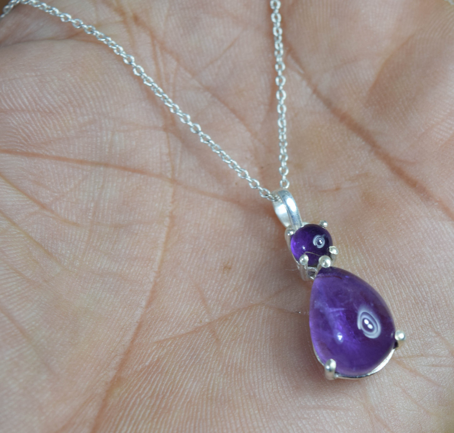 925 Solid Sterling Silver Purple Amethyst Chain Pendant -19 INCH